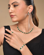 VOJ Silver Plated Green Stone Studded Necklace With Earrings, Ring And Bracelet Set
