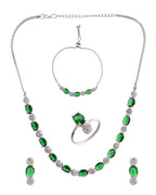 VOJ Silver Plated Green Stone Studded Necklace With Earrings, Ring And Bracelet Set