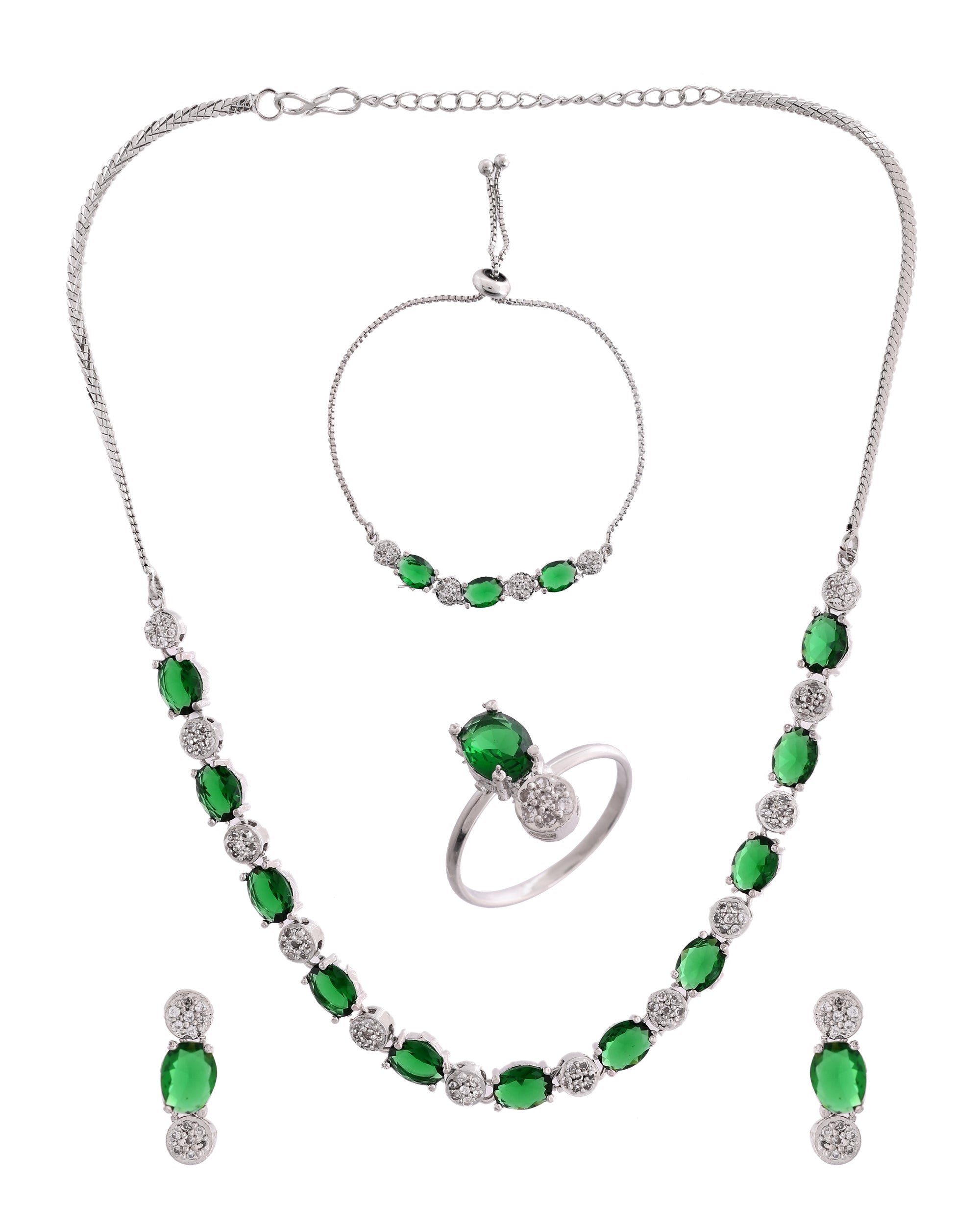 VOJ Silver Plated Green Stone Studded Necklace With Earrings, Ring And Bracelet Set