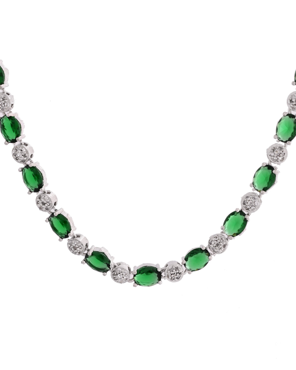 VOJ Silver Plated Green Stone Studded Necklace With Earrings, Ring And Bracelet Set