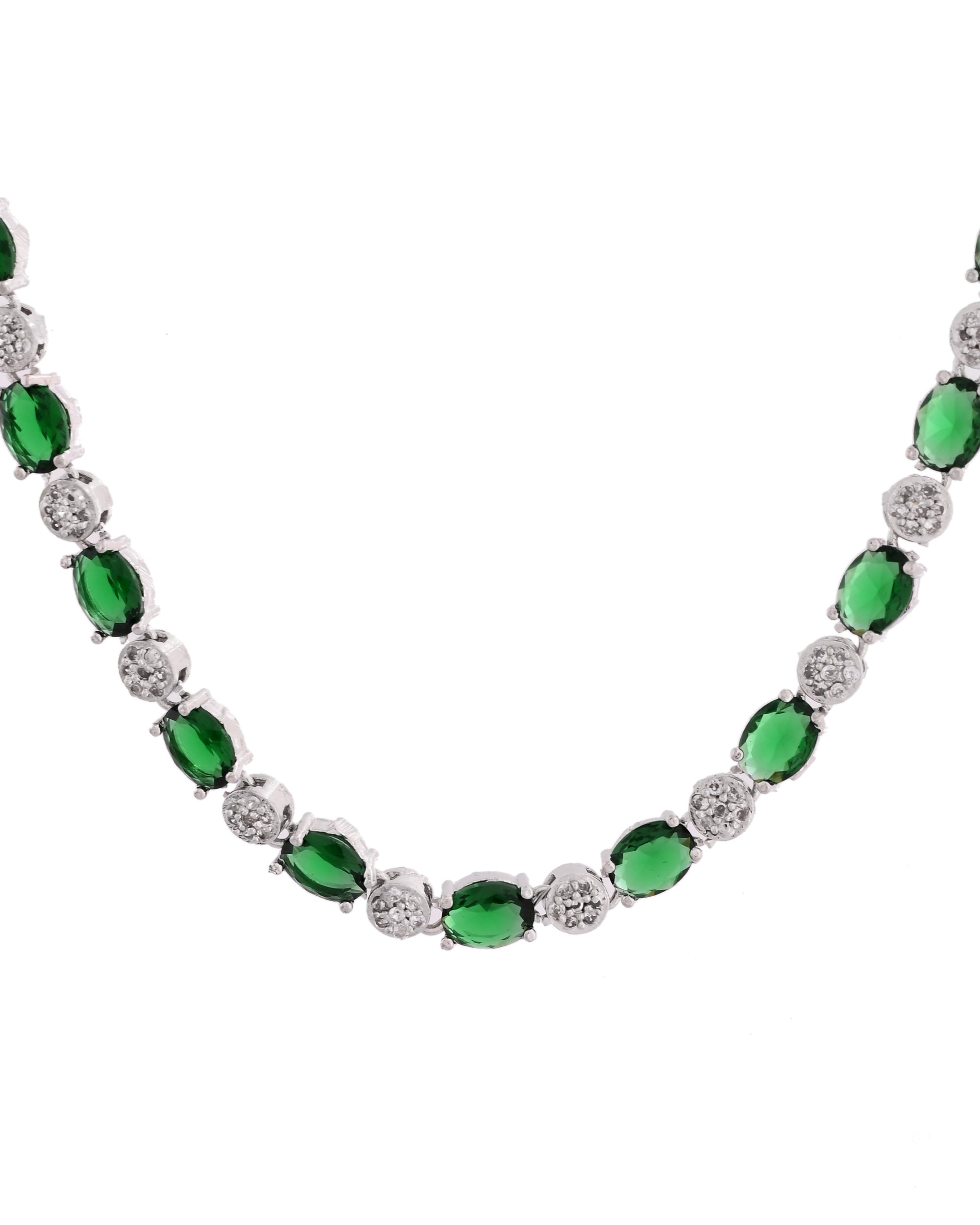 VOJ Silver Plated Green Stone Studded Necklace With Earrings, Ring And Bracelet Set