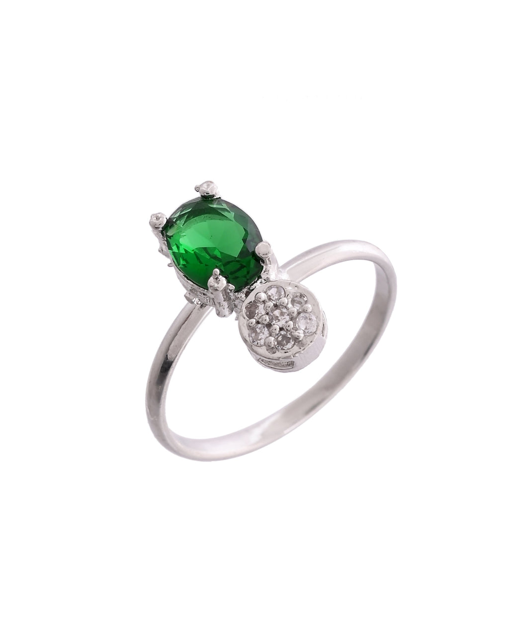 VOJ Silver Plated Green Stone Studded Necklace With Earrings, Ring And Bracelet Set