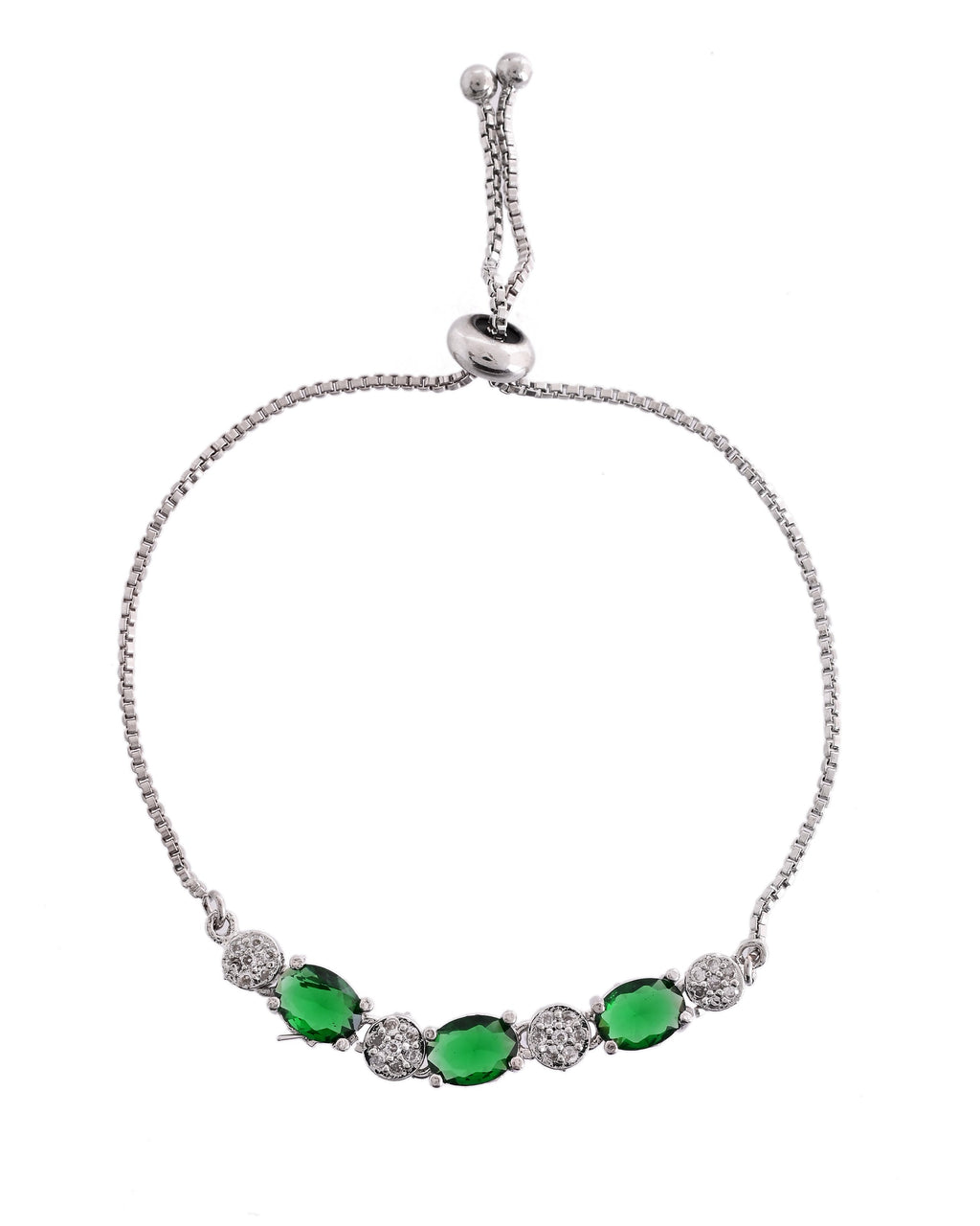 VOJ Silver Plated Green Stone Studded Necklace With Earrings, Ring And Bracelet Set