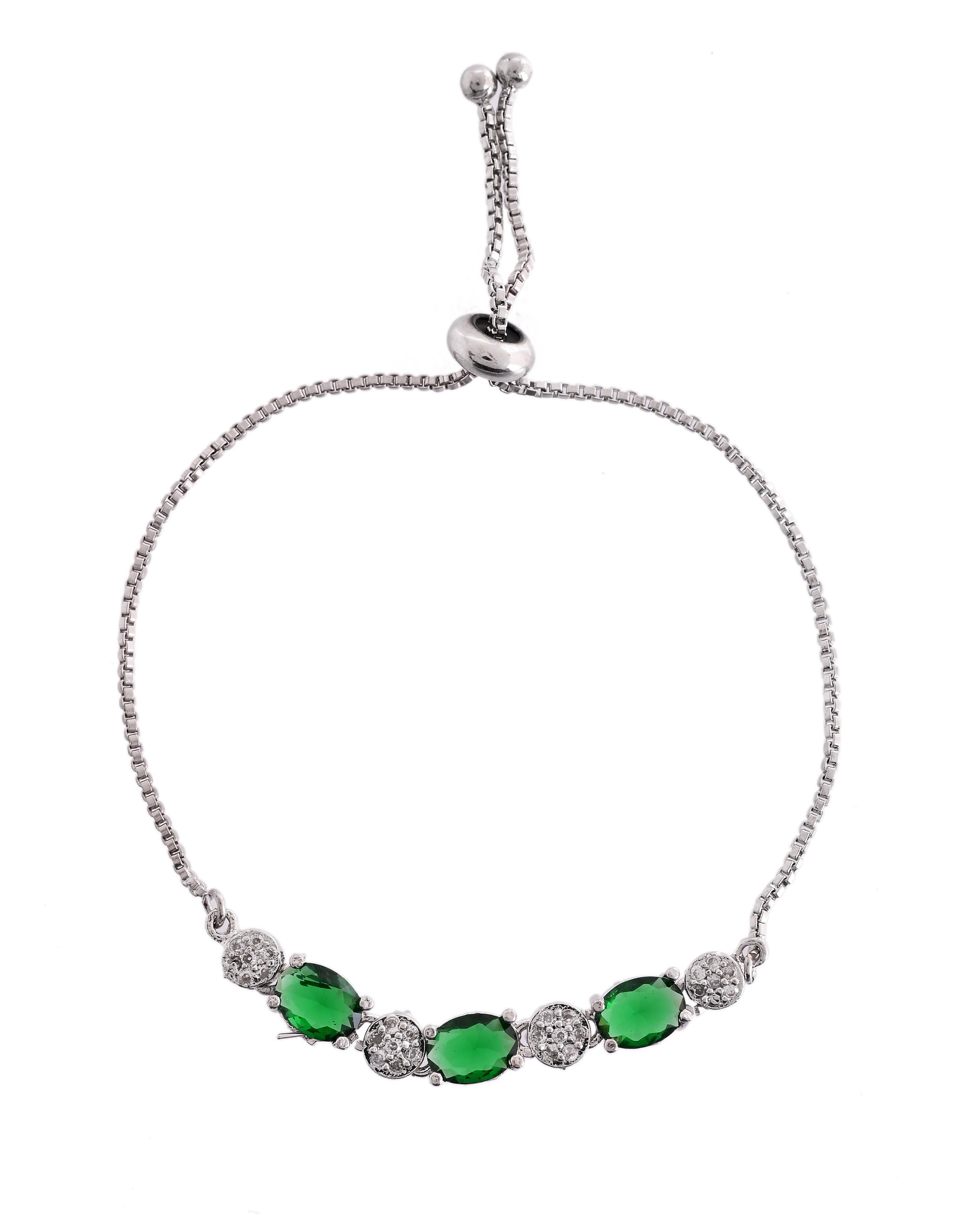 VOJ Silver Plated Green Stone Studded Necklace With Earrings, Ring And Bracelet Set