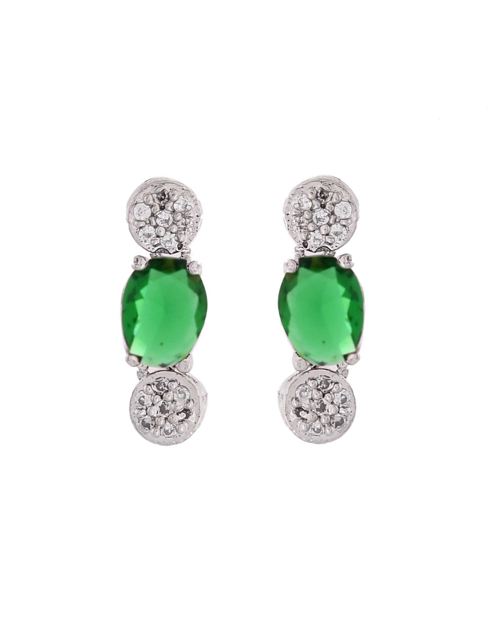 VOJ Silver Plated Green Stone Studded Necklace With Earrings, Ring And Bracelet Set