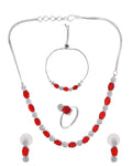 VOJ Silver Plated Red Stone Studded Necklace With Earrings, Ring And Bracelet Set