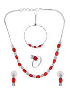 VOJ Silver Plated Red Stone Studded Necklace With Earrings, Ring And Bracelet Set