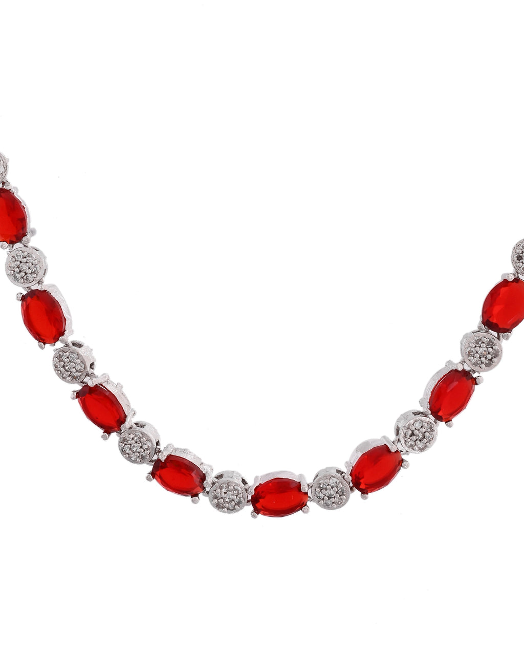 VOJ Silver Plated Red Stone Studded Necklace With Earrings, Ring And Bracelet Set