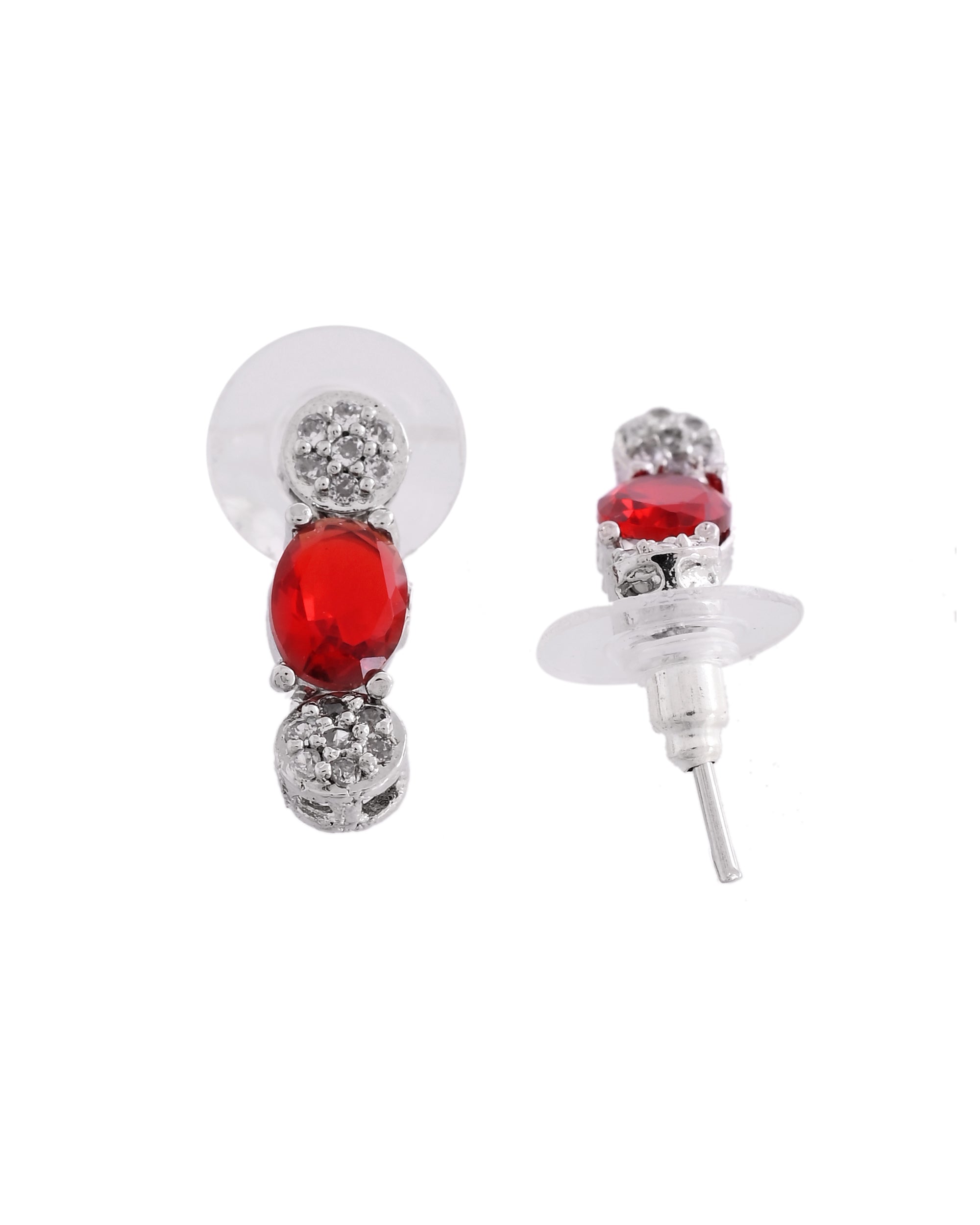VOJ Silver Plated Red Stone Studded Necklace With Earrings, Ring And Bracelet Set