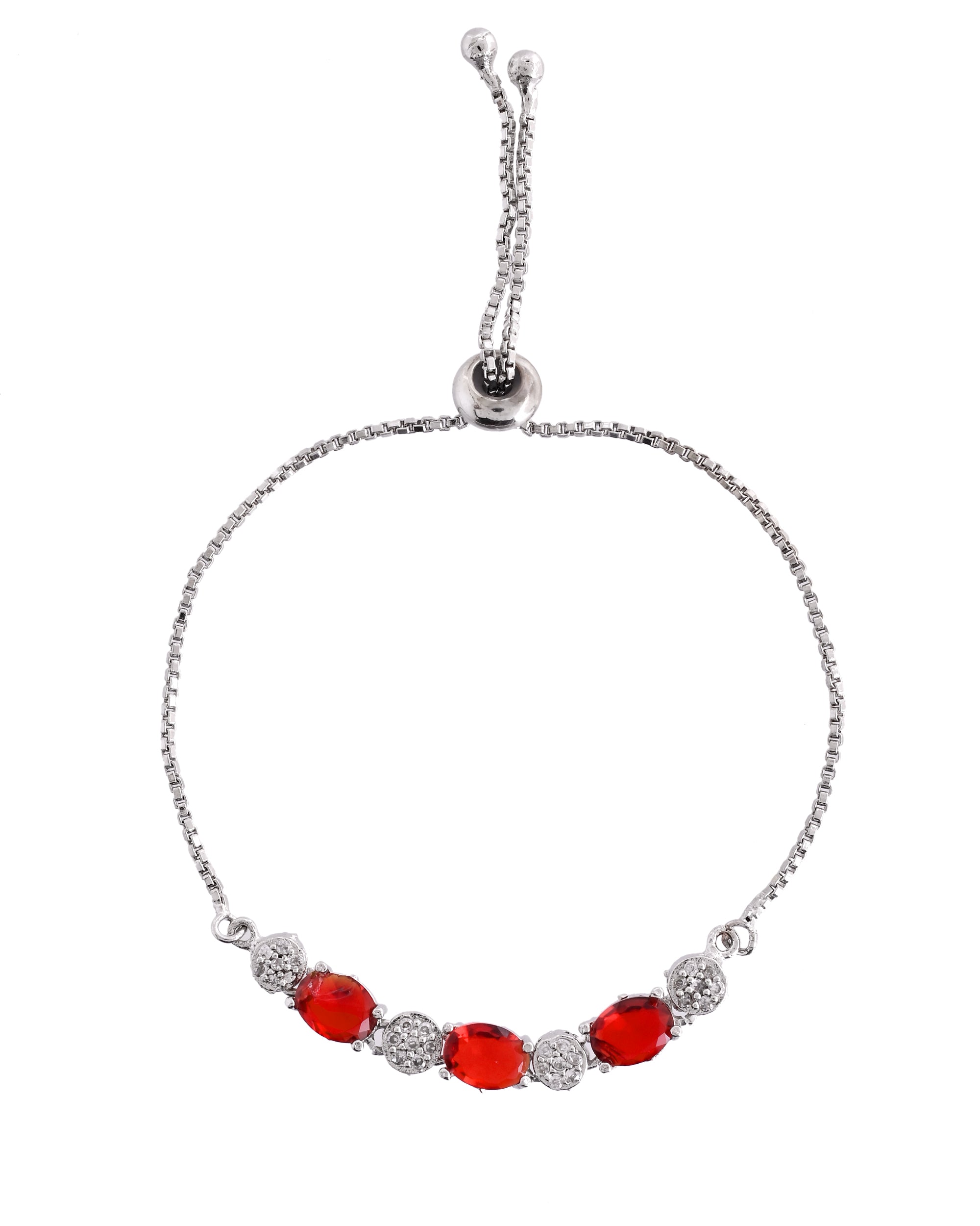 VOJ Silver Plated Red Stone Studded Necklace With Earrings, Ring And Bracelet Set
