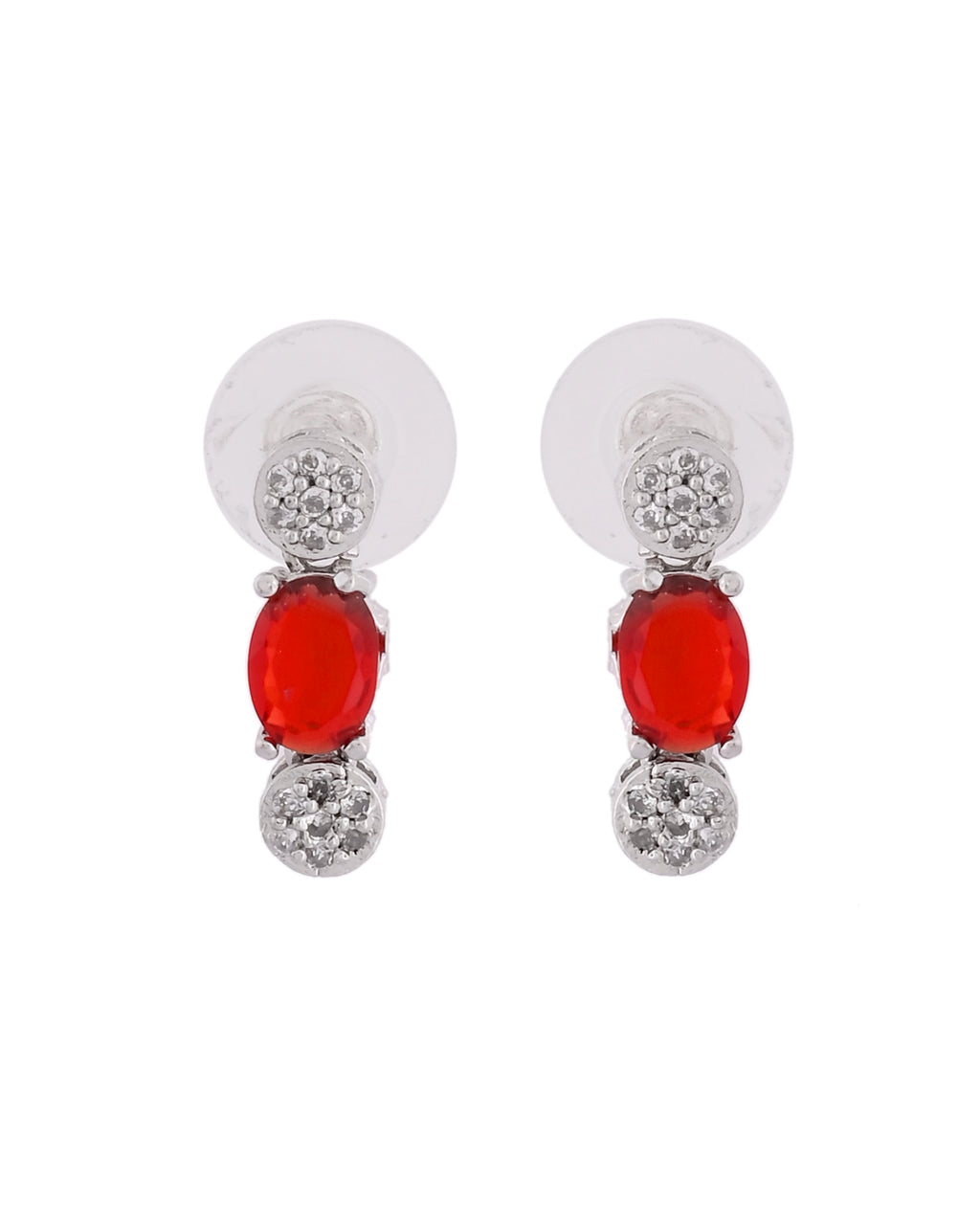 VOJ Silver Plated Red Stone Studded Necklace With Earrings, Ring And Bracelet Set