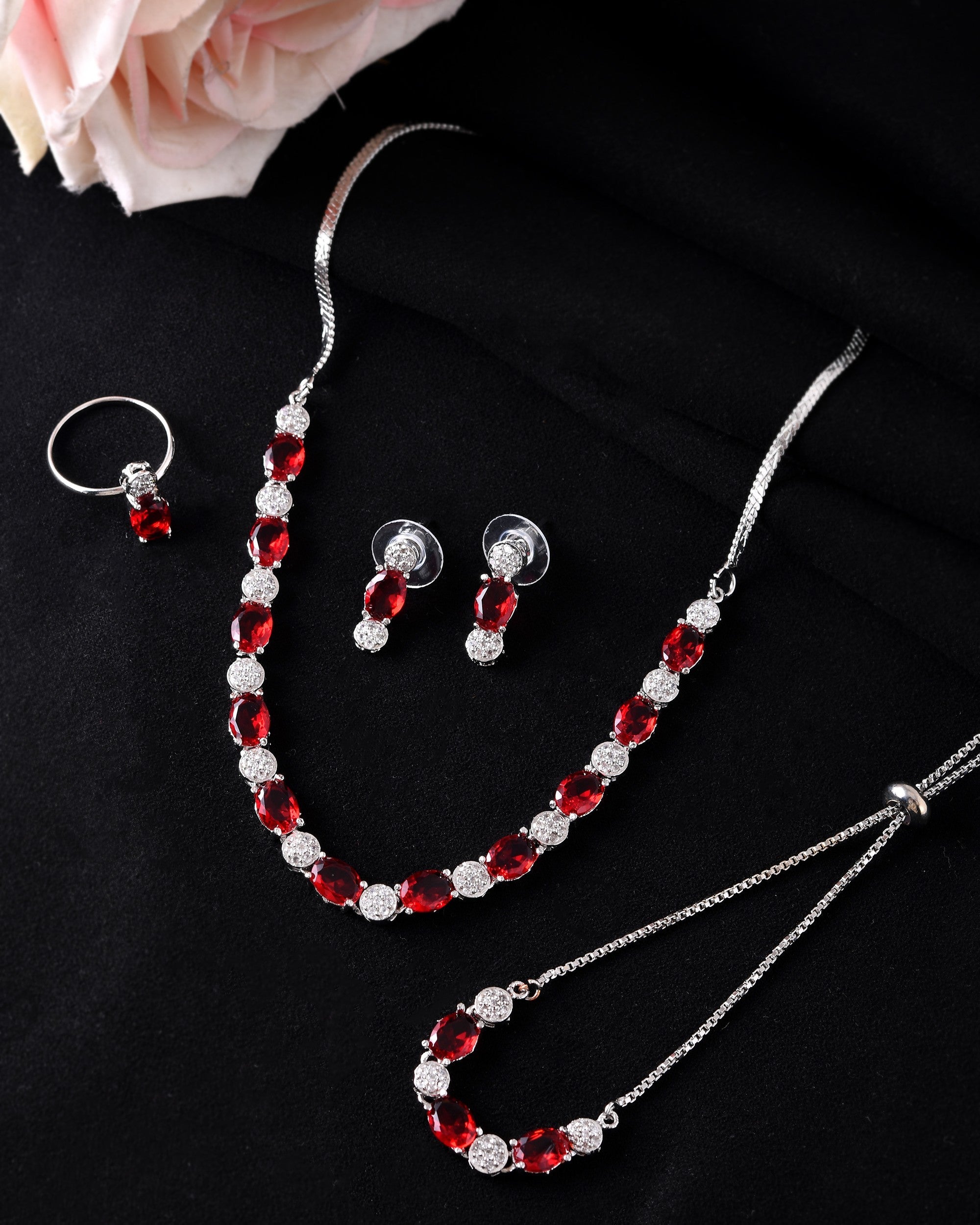 VOJ Silver Plated Red Stone Studded Necklace With Earrings, Ring And Bracelet Set