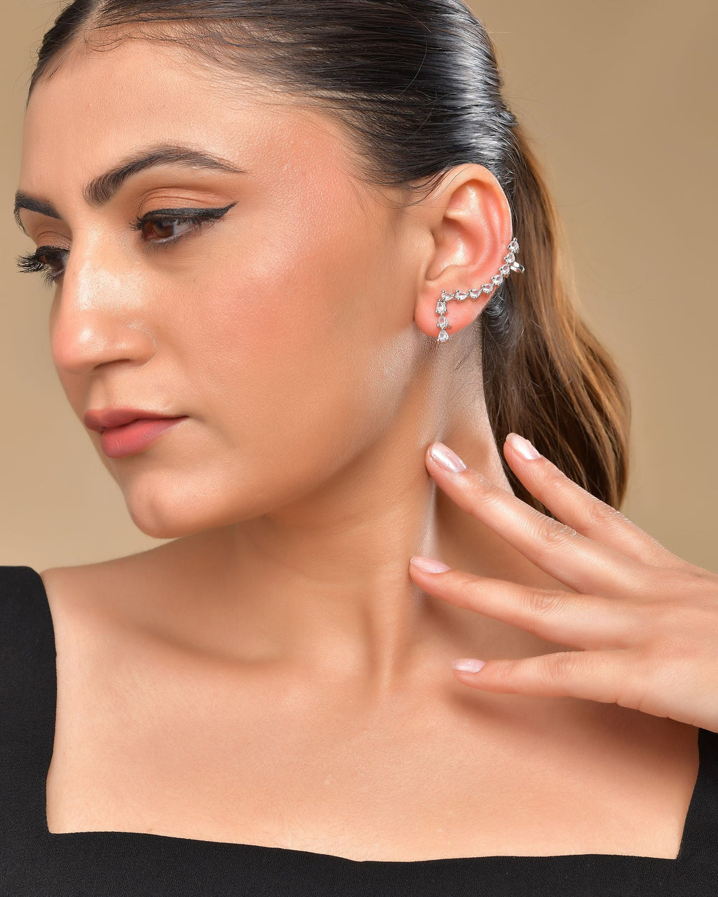 VOJ Silver Plated Cz Stone Studded Teardrop Shaped Ear Cuff Earrings - Distacart