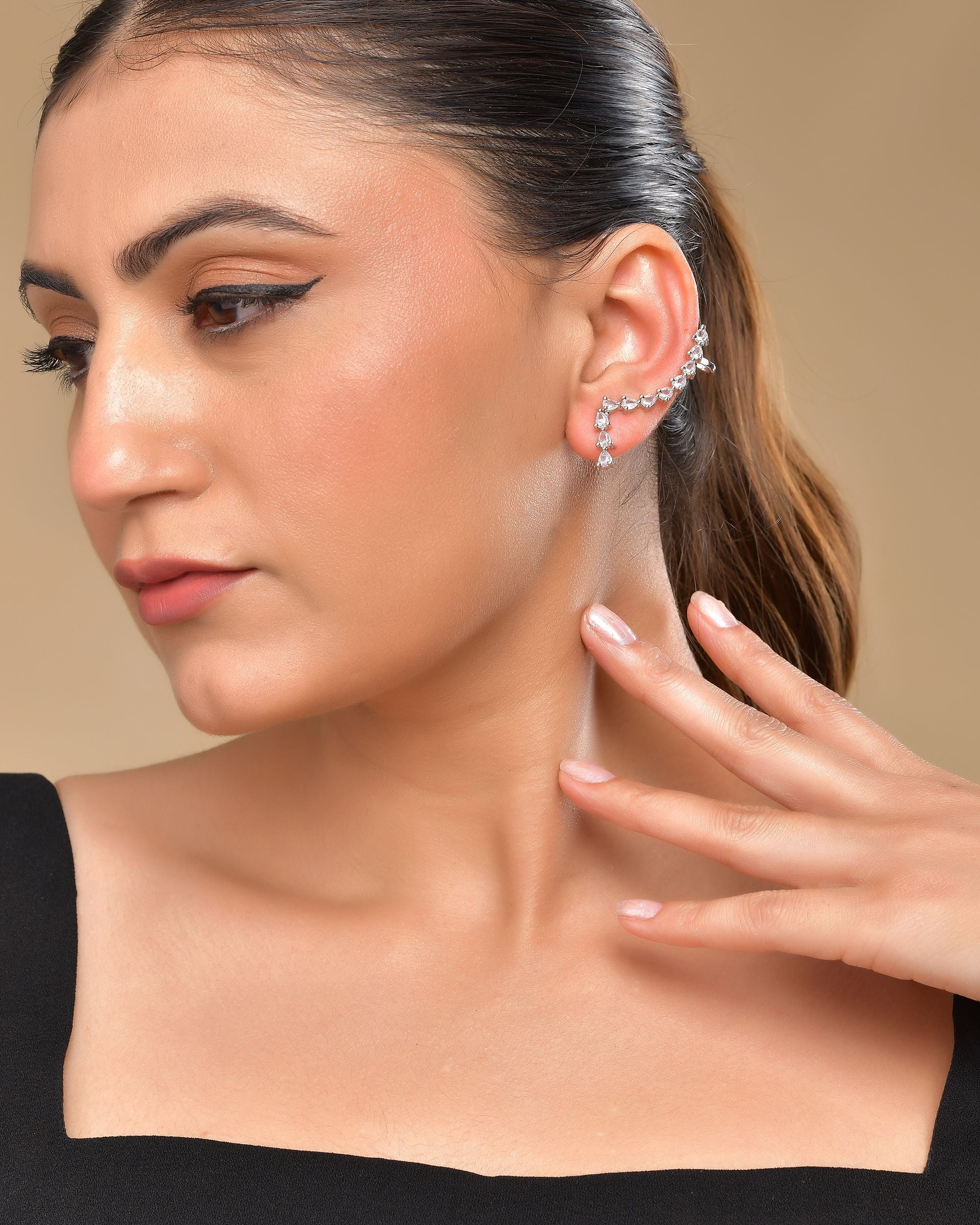 VOJ Silver Plated Cz Stone Studded Teardrop Shaped Ear Cuff Earrings - Distacart
