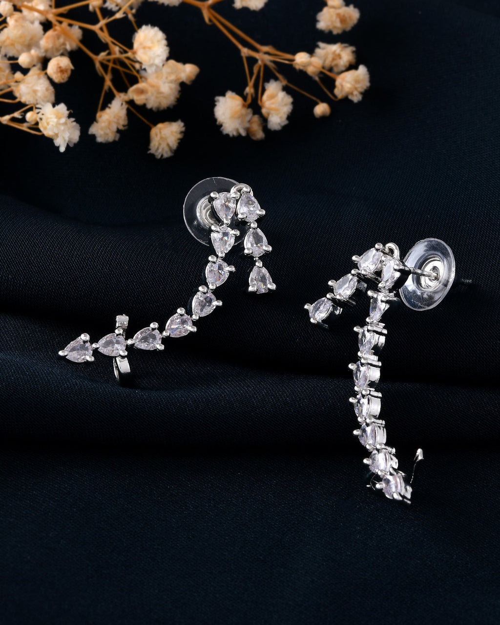 VOJ Silver Plated Cz Stone Studded Teardrop Shaped Ear Cuff Earrings - Distacart