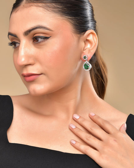 VOJ Silver Plated Green Stone Studded Teardrop Shaped Earrings