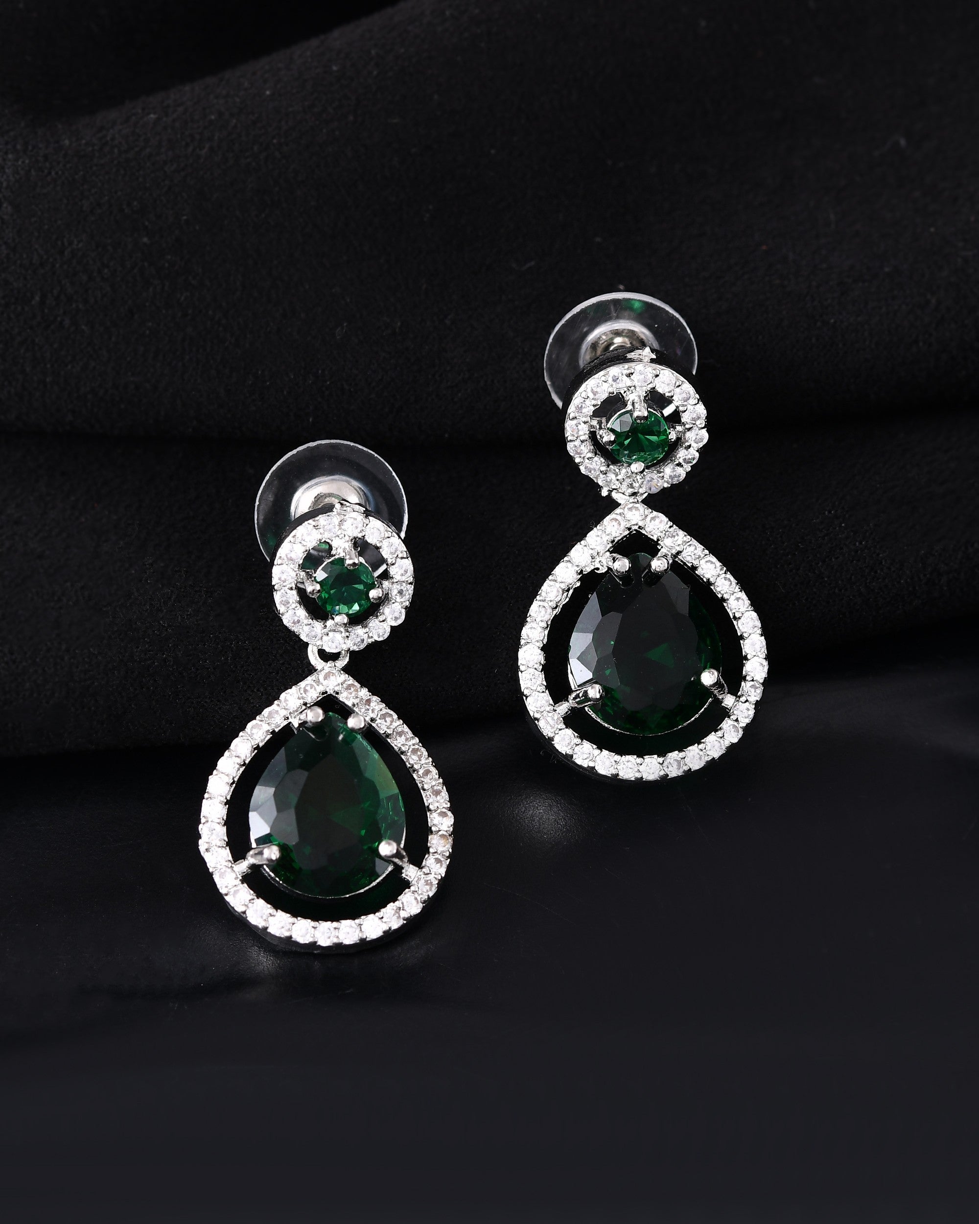 VOJ Silver Plated Green Stone Studded Teardrop Shaped Earrings - Distacart