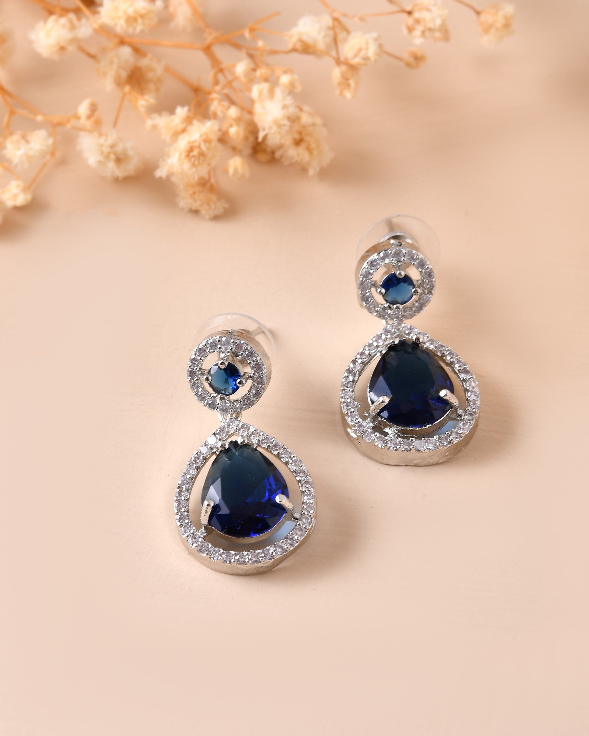 VOJ Silver Plated Blue Stone Studded Teardrop Shaped Earrings - Distacart