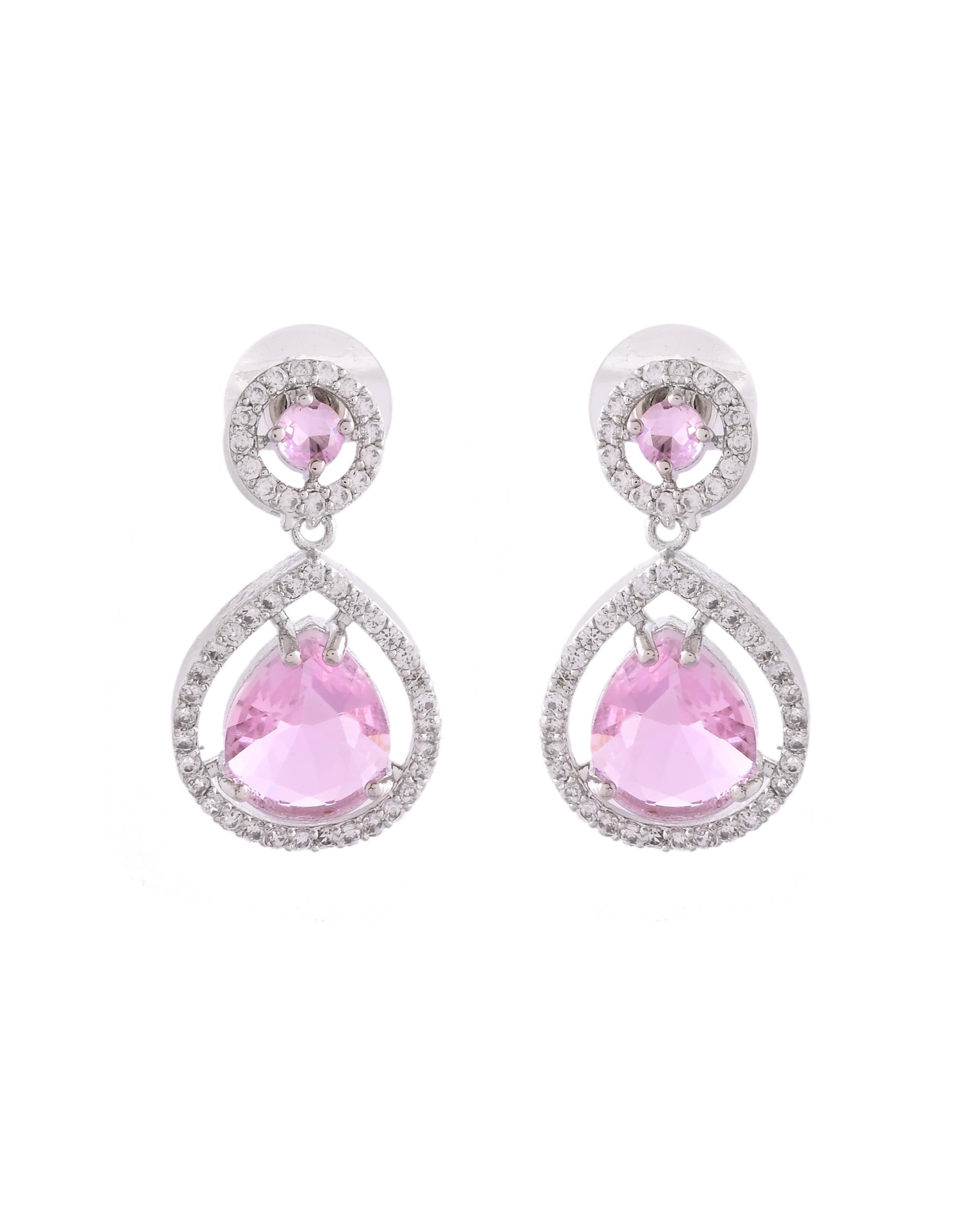 VOJ Silver Plated Baby Pink Stone Studded Teardrop Shaped Earrings - Distacart