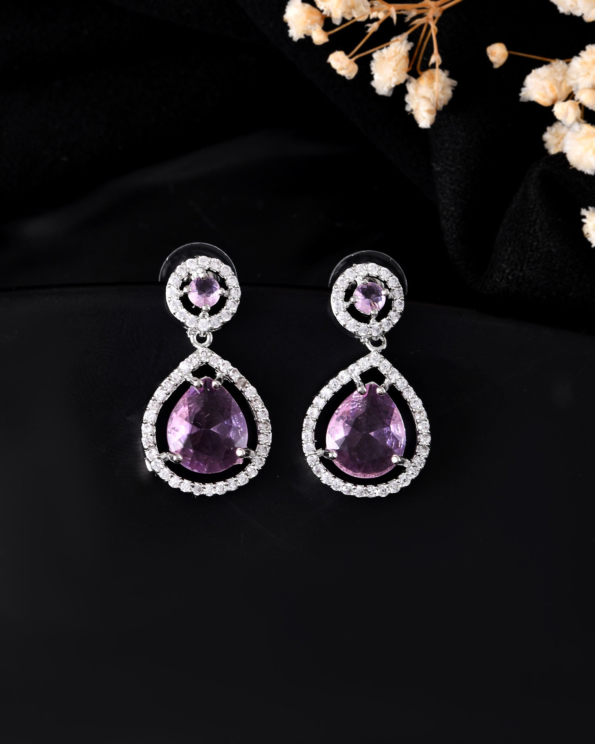 VOJ Silver Plated Baby Pink Stone Studded Teardrop Shaped Earrings - Distacart
