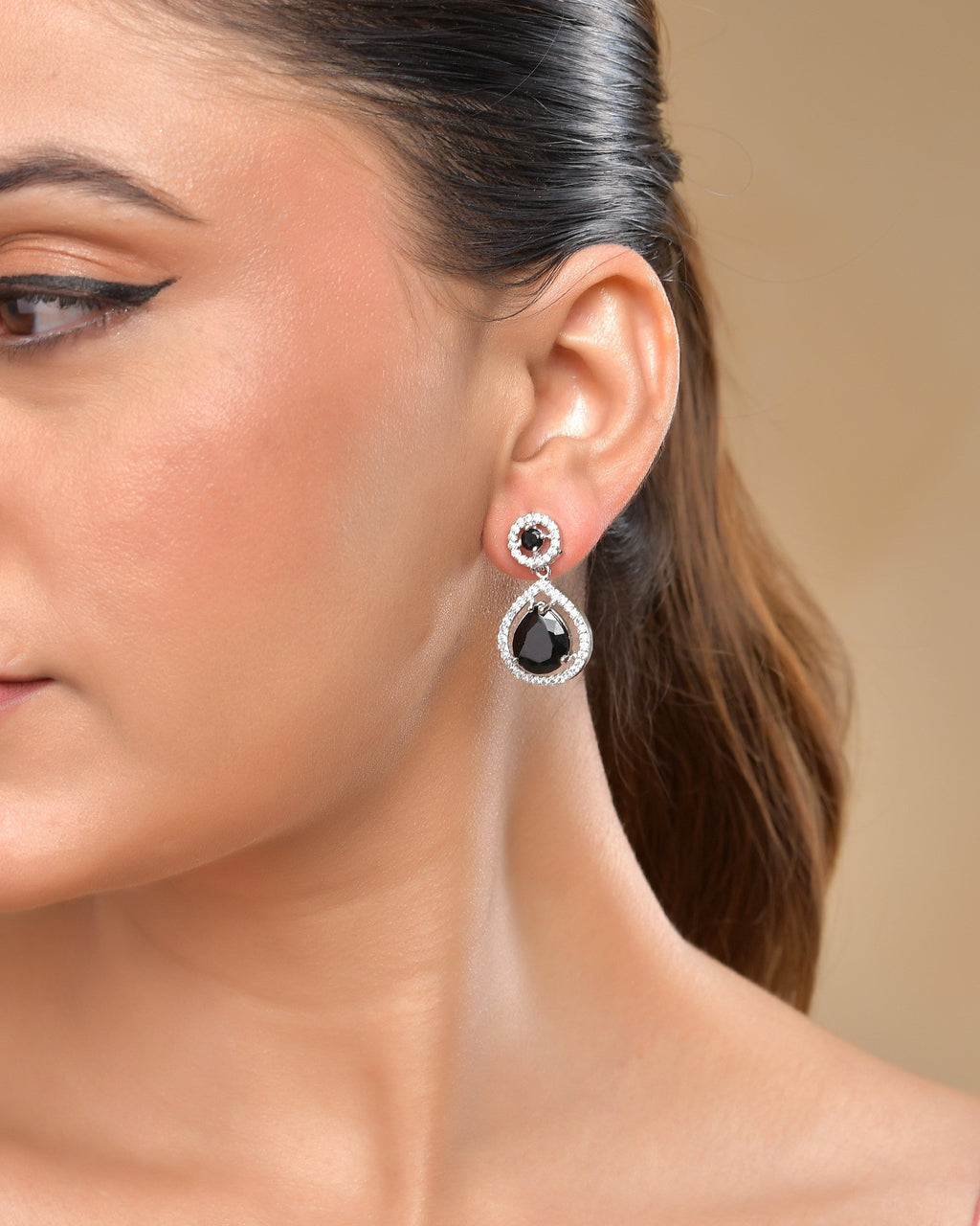 VOJ Silver Plated Black Stone Studded Teardrop Shaped Earrings - Distacart