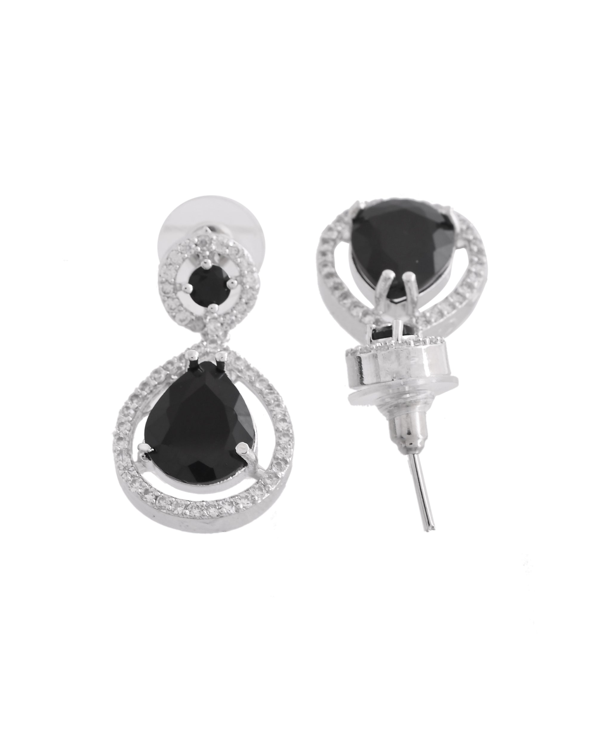 VOJ Silver Plated Black Stone Studded Teardrop Shaped Earrings - Distacart
