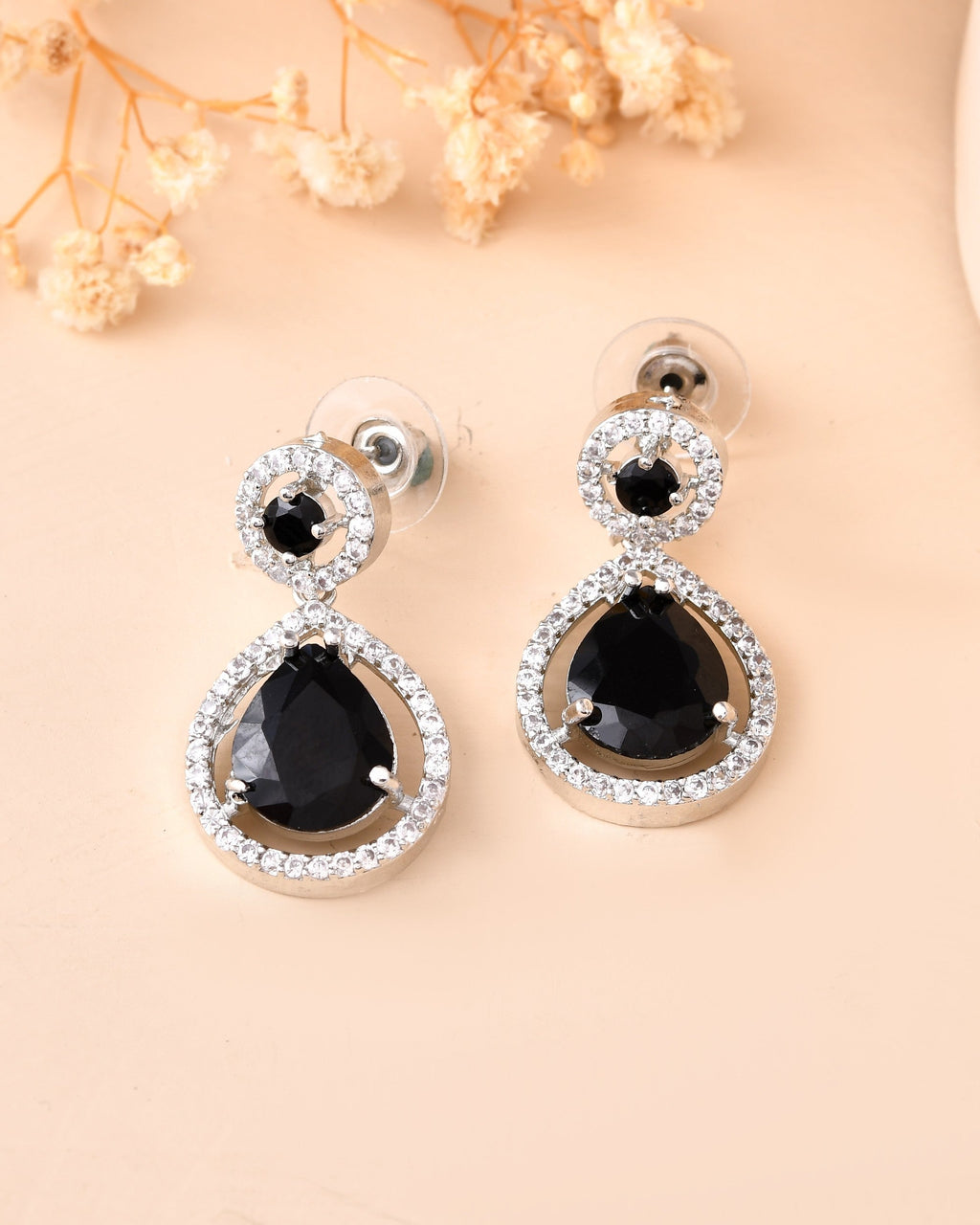 VOJ Silver Plated Black Stone Studded Teardrop Shaped Earrings - Distacart