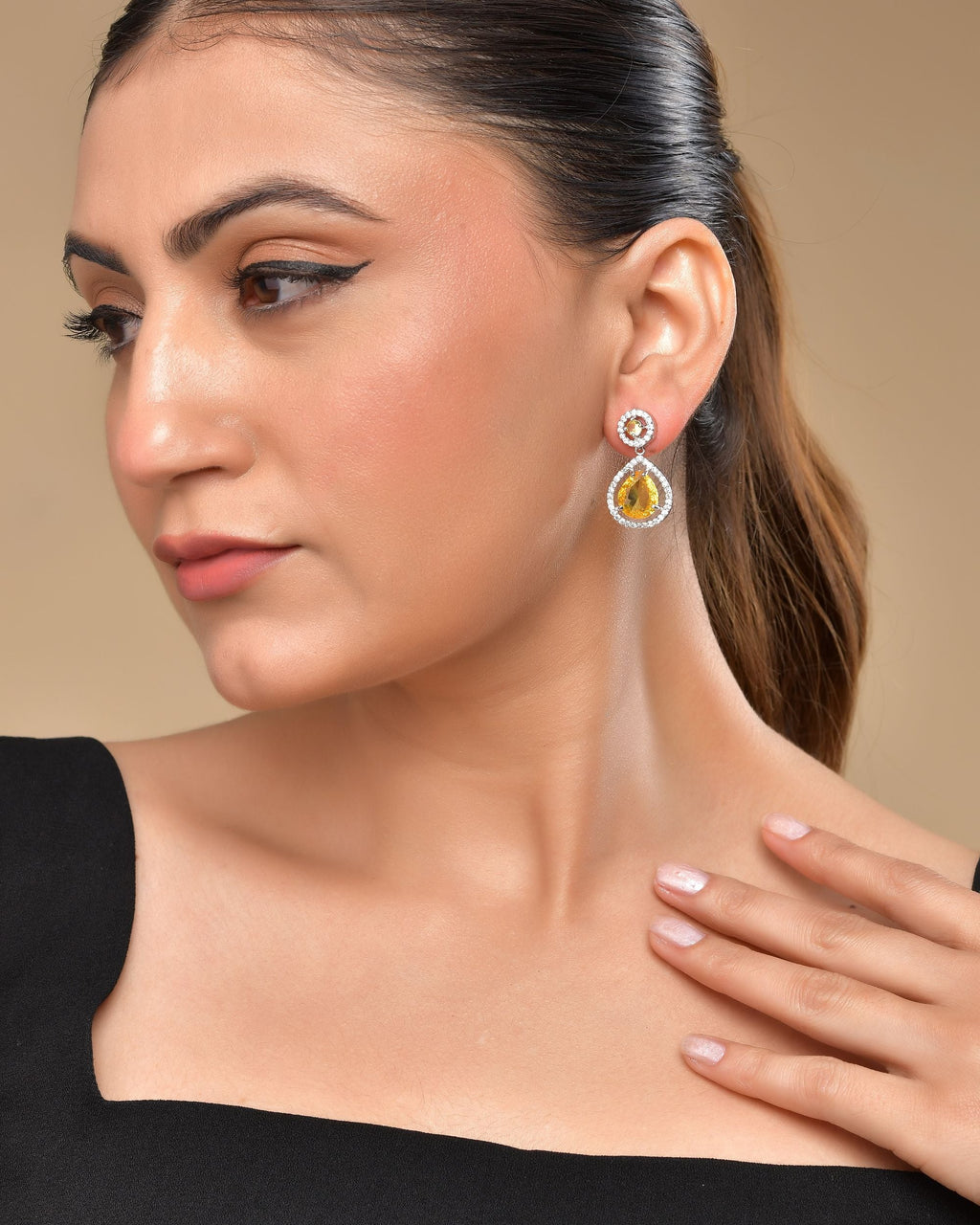 VOJ Silver Plated Yellow Stone Studded Teardrop Shaped Earrings - Distacart