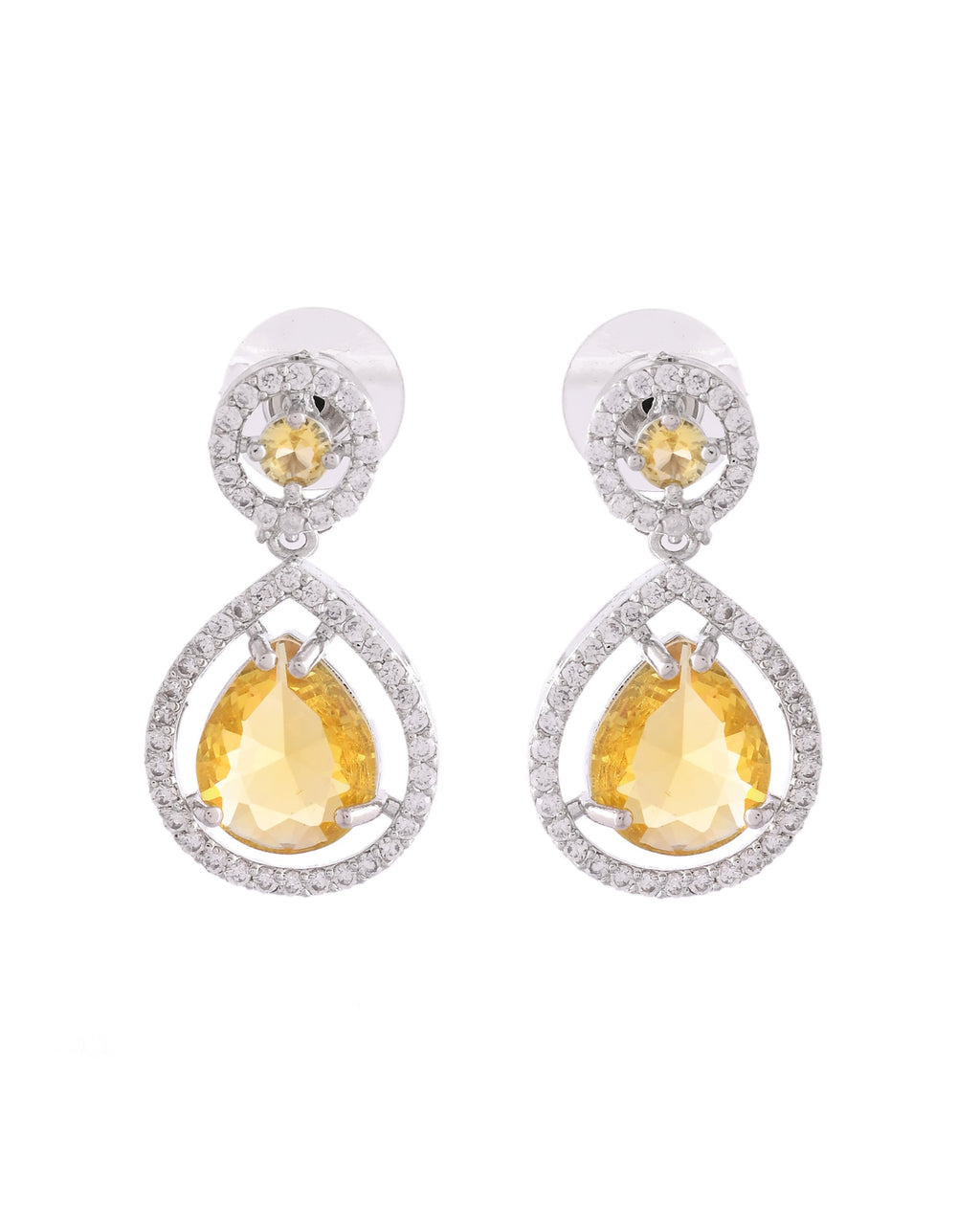 VOJ Silver Plated Yellow Stone Studded Teardrop Shaped Earrings - Distacart