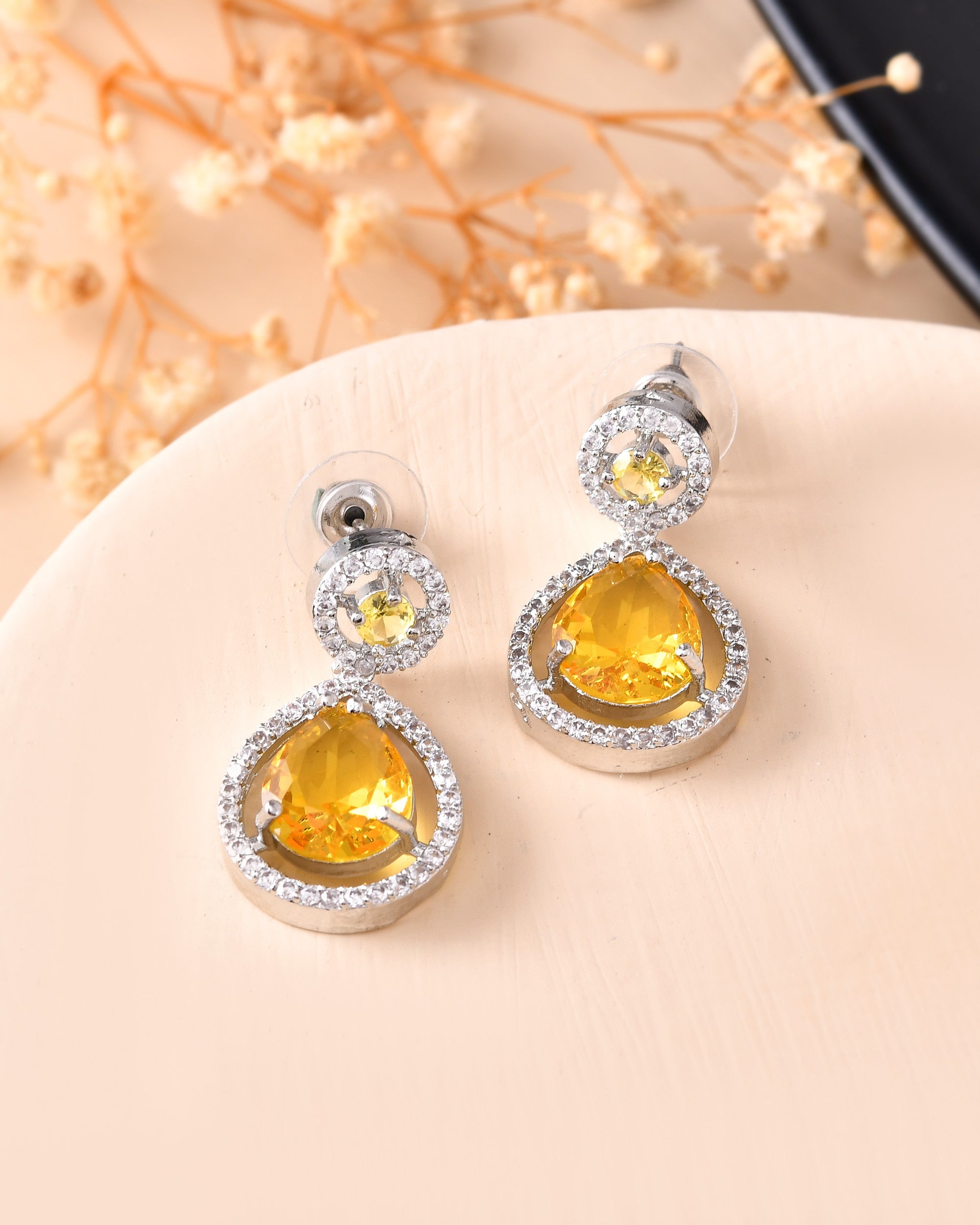 VOJ Silver Plated Yellow Stone Studded Teardrop Shaped Earrings - Distacart