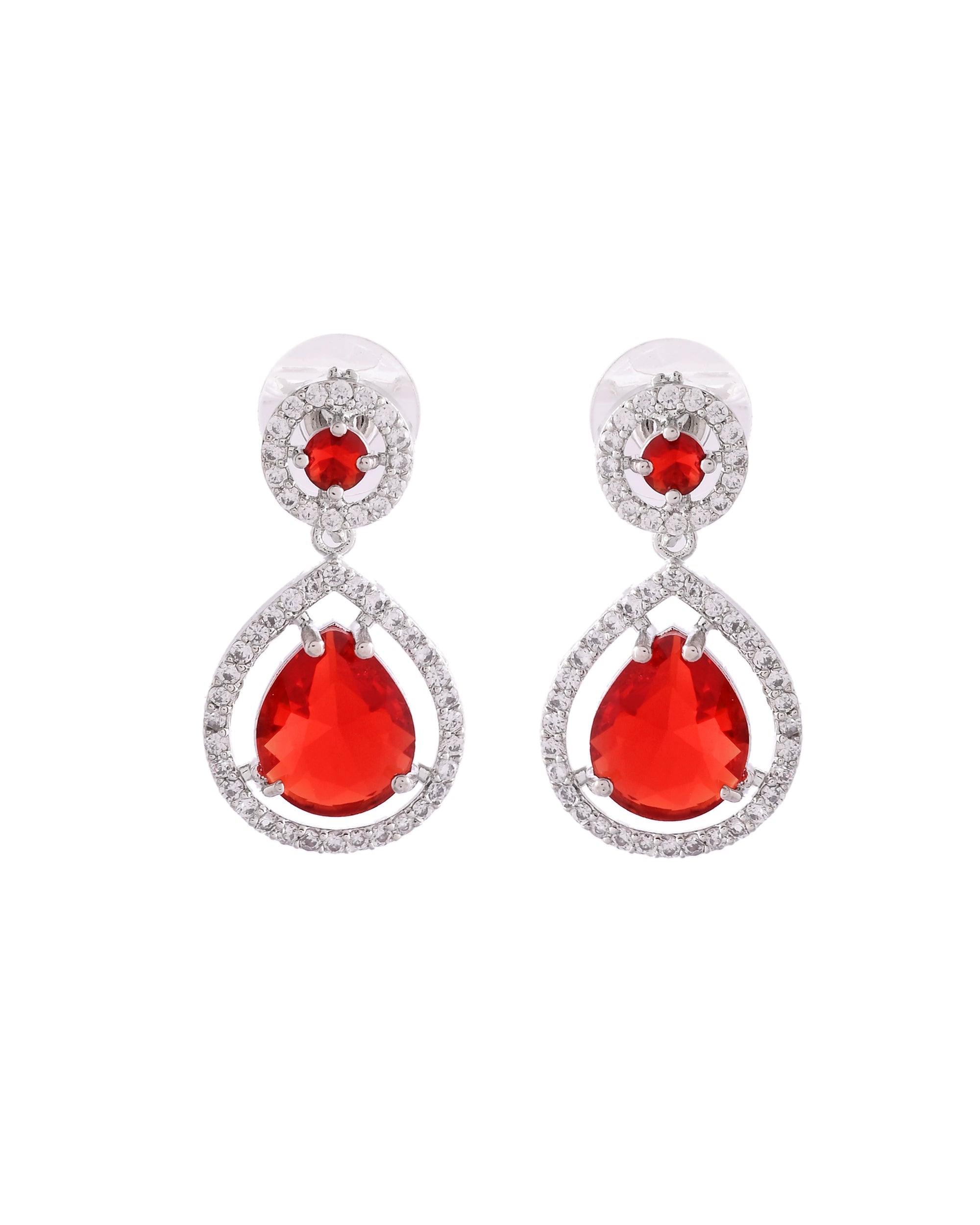 VOJ Silver Plated Red Stone Studded Teardrop Shaped Earrings - Distacart