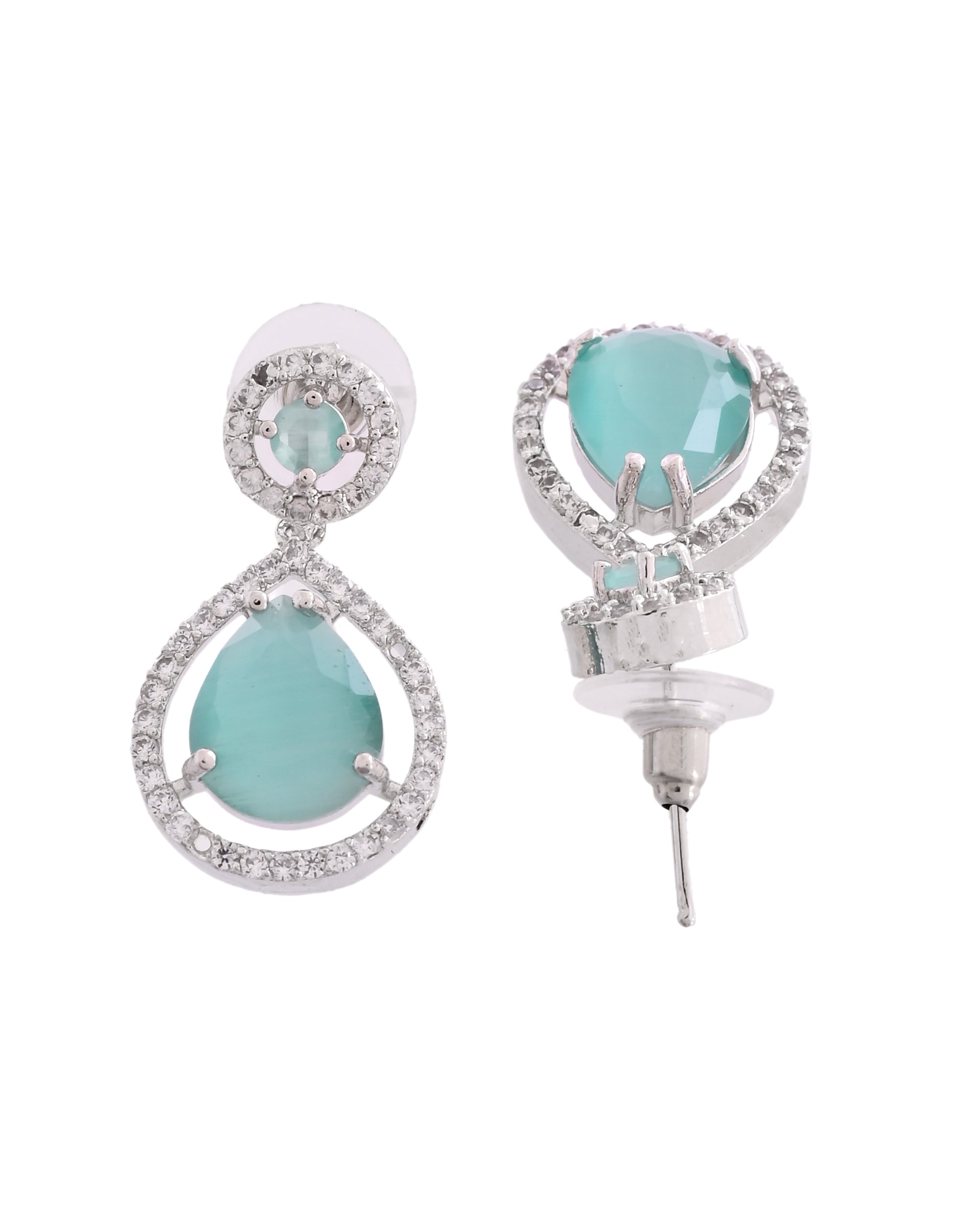 VOJ Silver Plated Sea Green Stone Studded Teardrop Shaped Earrings - Distacart