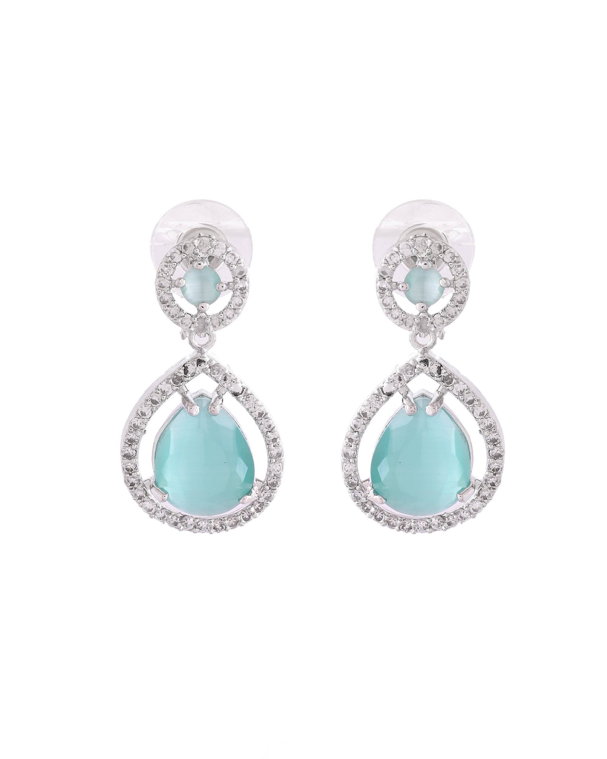 VOJ Silver Plated Sea Green Stone Studded Teardrop Shaped Earrings - Distacart