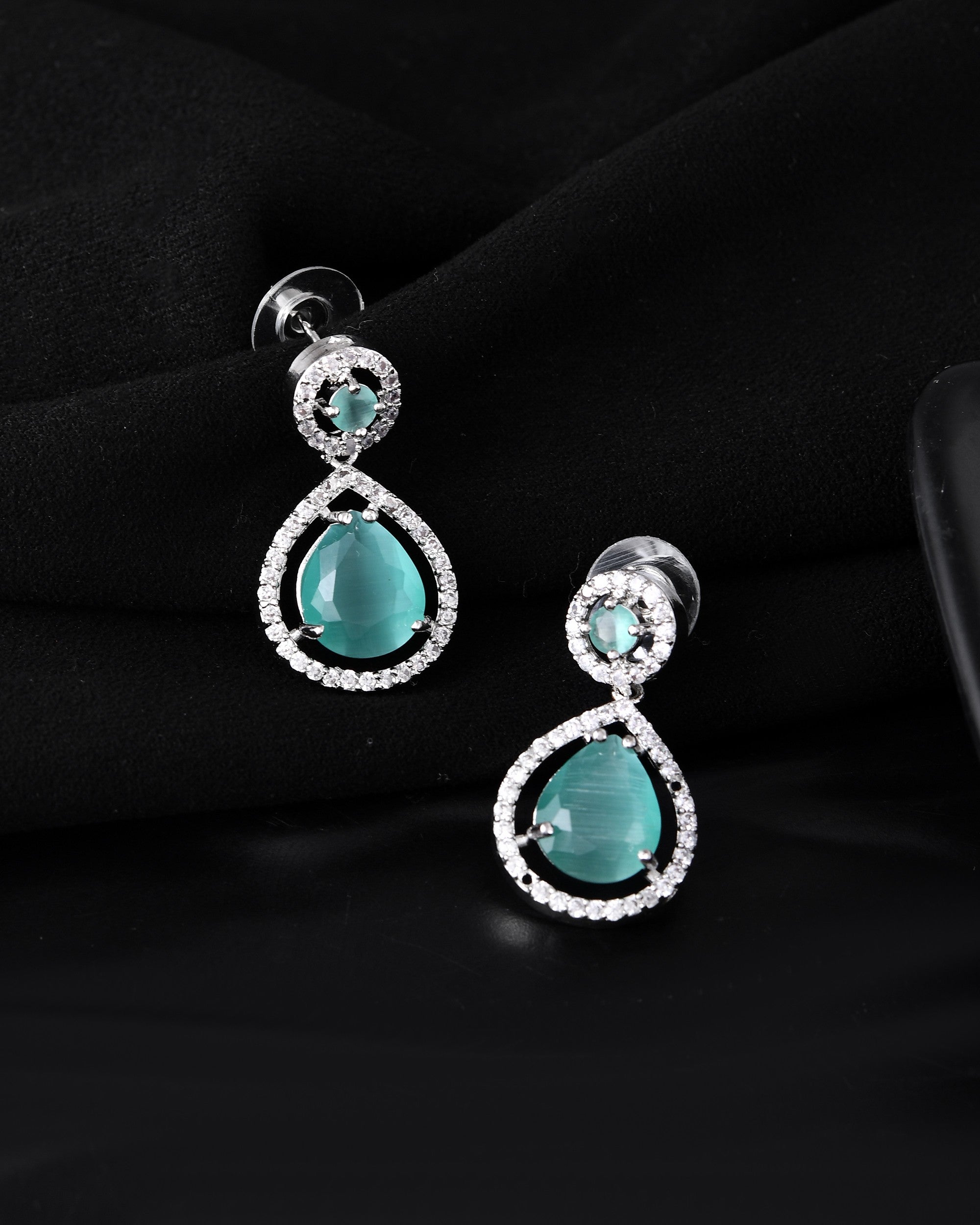 VOJ Silver Plated Sea Green Stone Studded Teardrop Shaped Earrings - Distacart