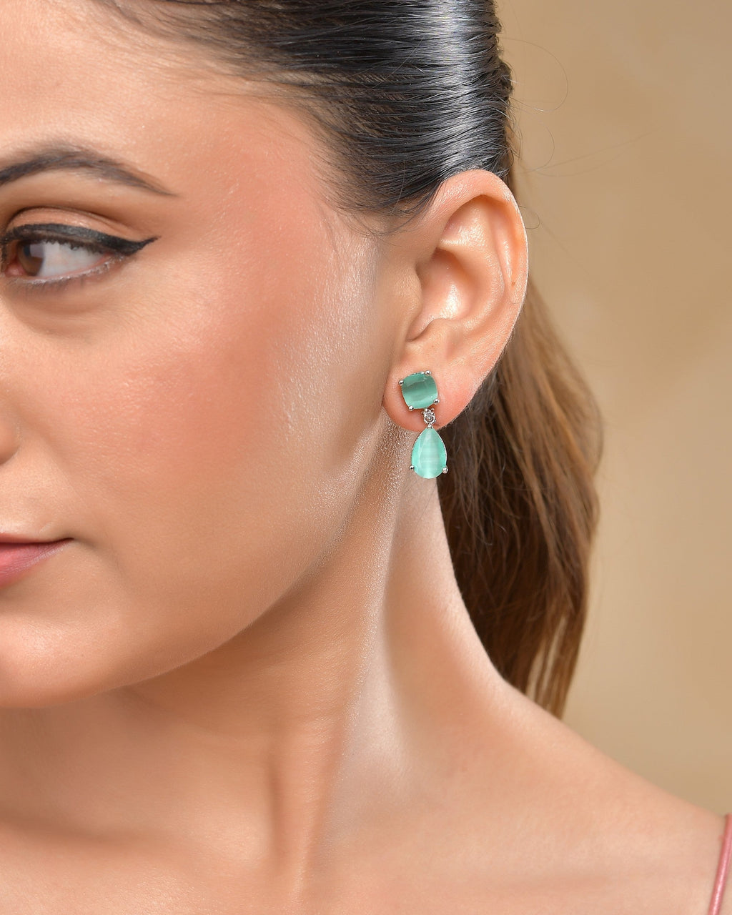 VOJ Silver Plated Sea Green Stone Studded Studs Earrings - Distacart