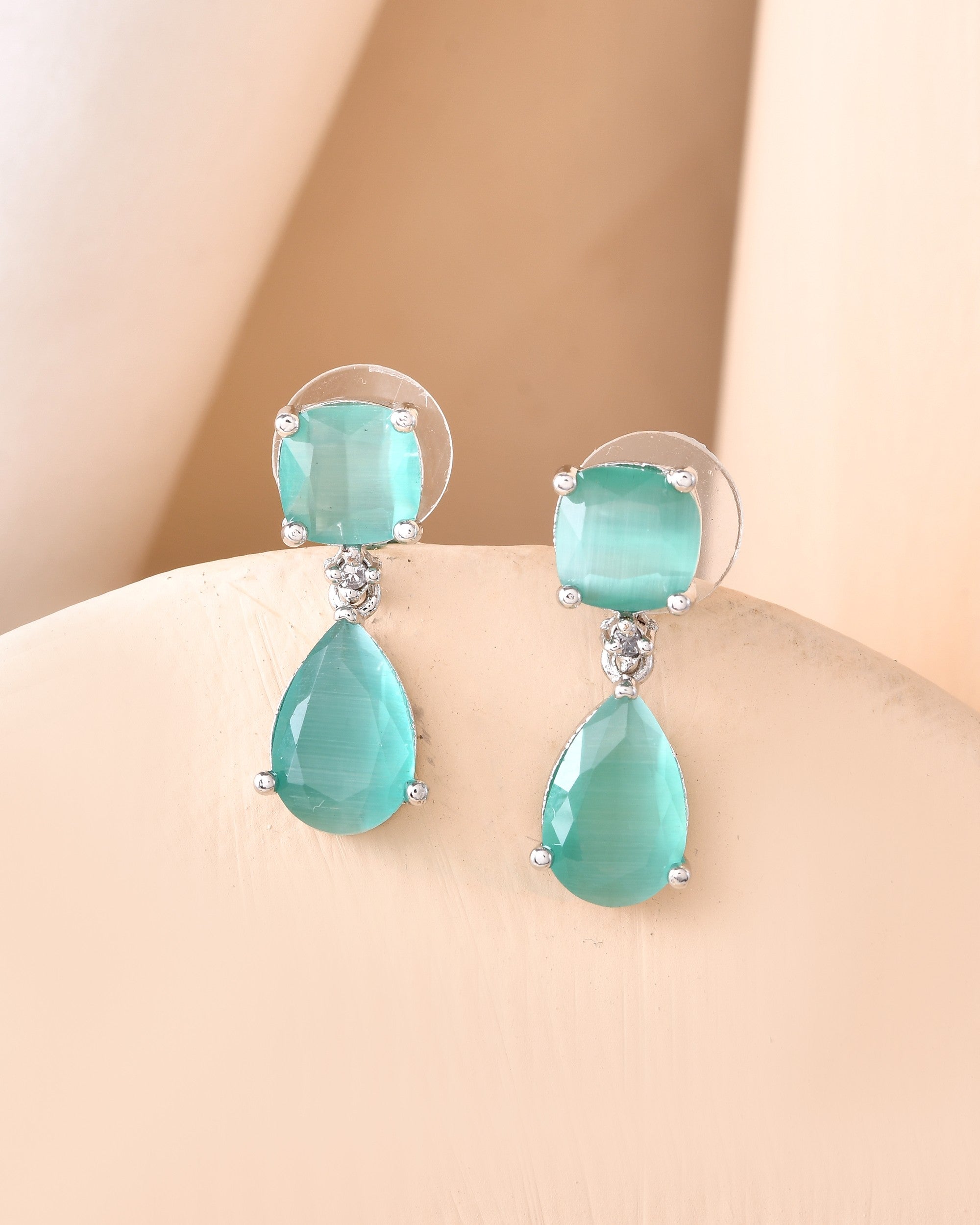 VOJ Silver Plated Sea Green Stone Studded Studs Earrings - Distacart