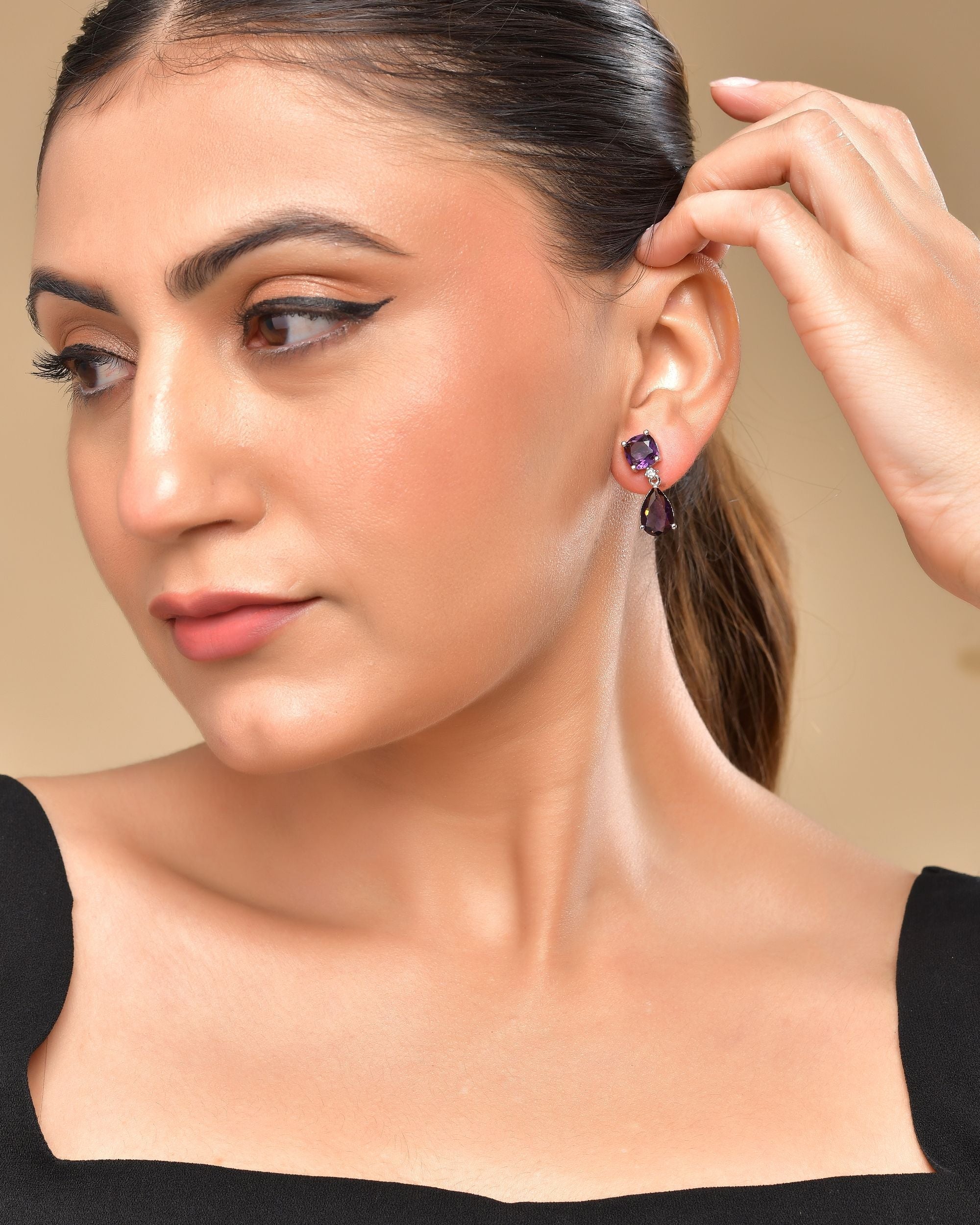 VOJ Silver Plated Purple Stone Studded Studs Earrings - Distacart