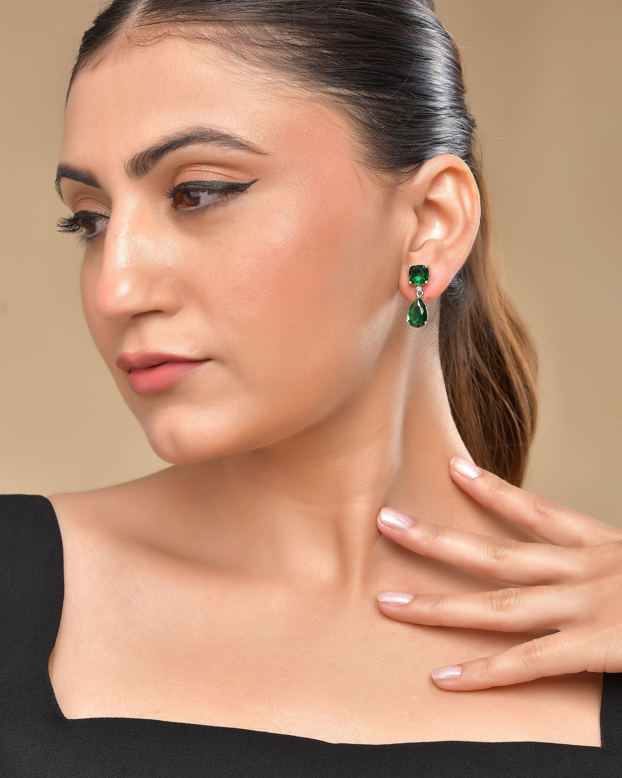 VOJ Silver Plated Green Stone Studded Studs Earrings - Distacart