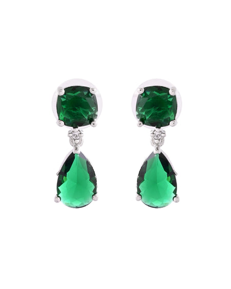 VOJ Silver Plated Green Stone Studded Studs Earrings