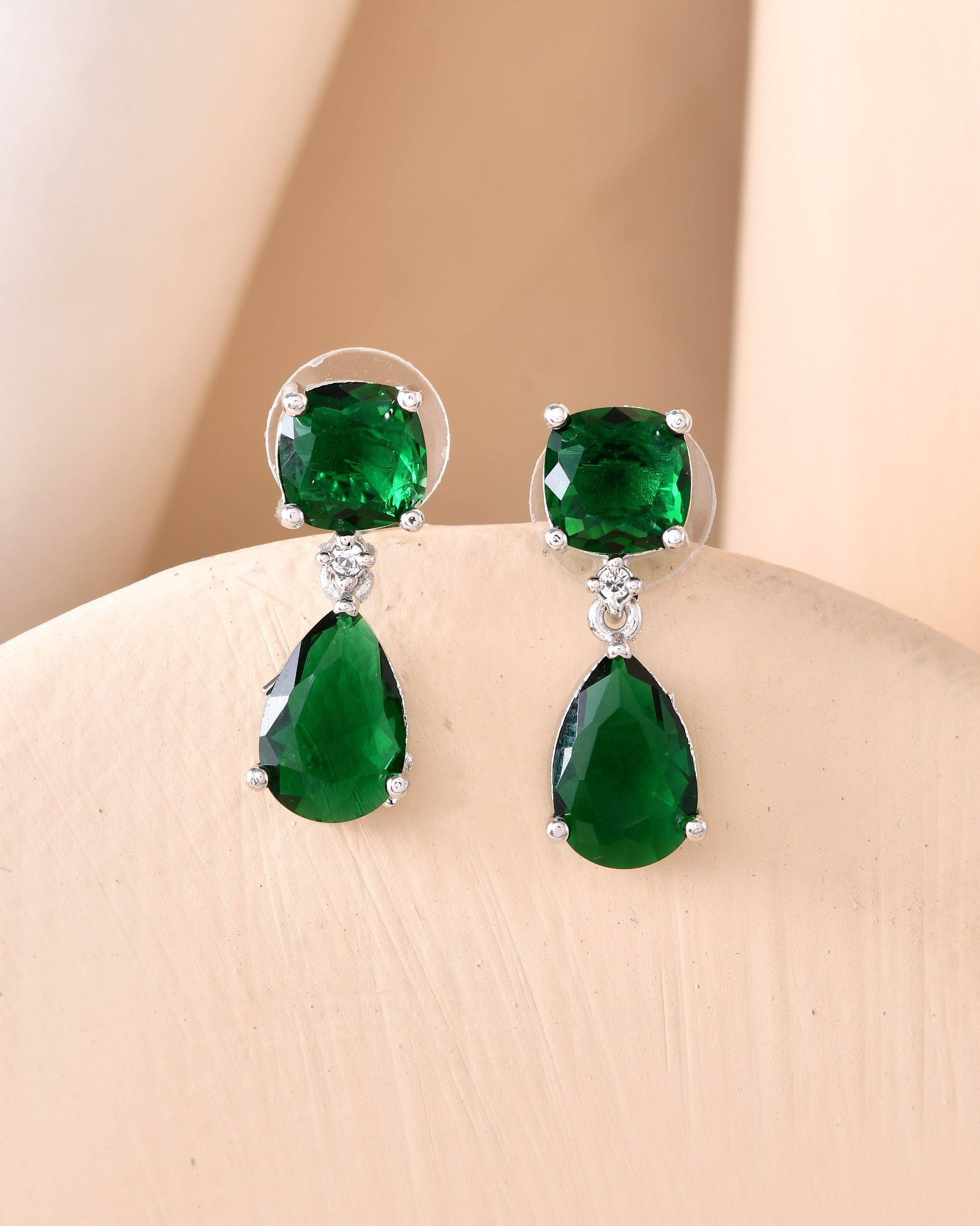VOJ Silver Plated Green Stone Studded Studs Earrings - Distacart