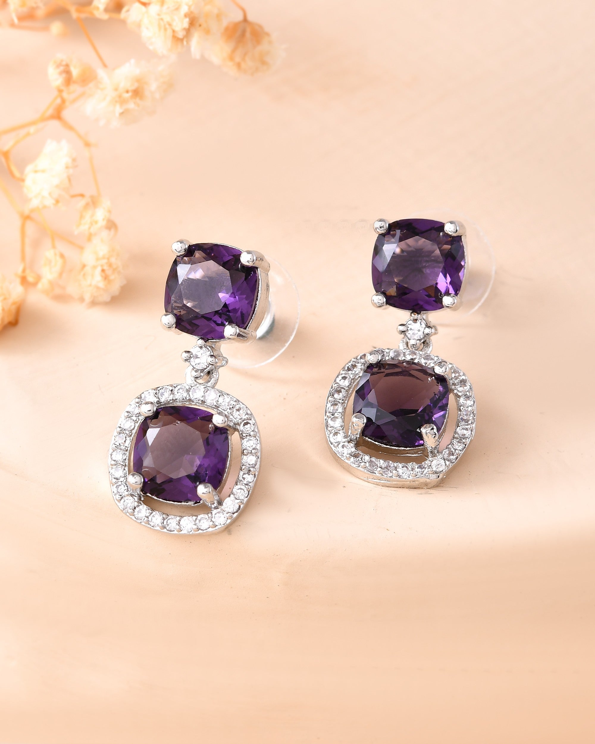 VOJ Silver Plated Purple Stone Geometrical Shaped Earrings - Distacart