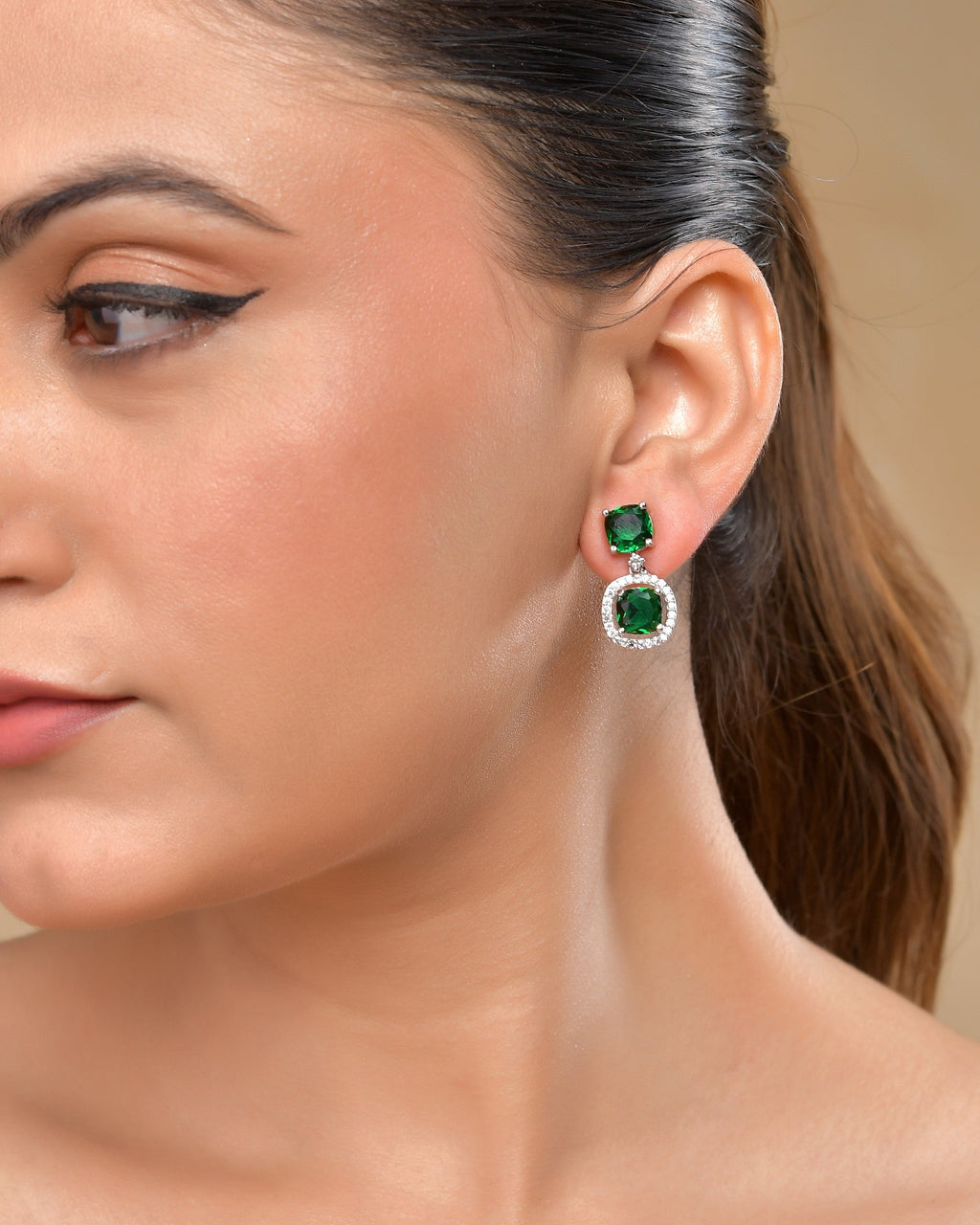 VOJ Silver Plated Green Stone Geometrical Shaped Earrings - Distacart