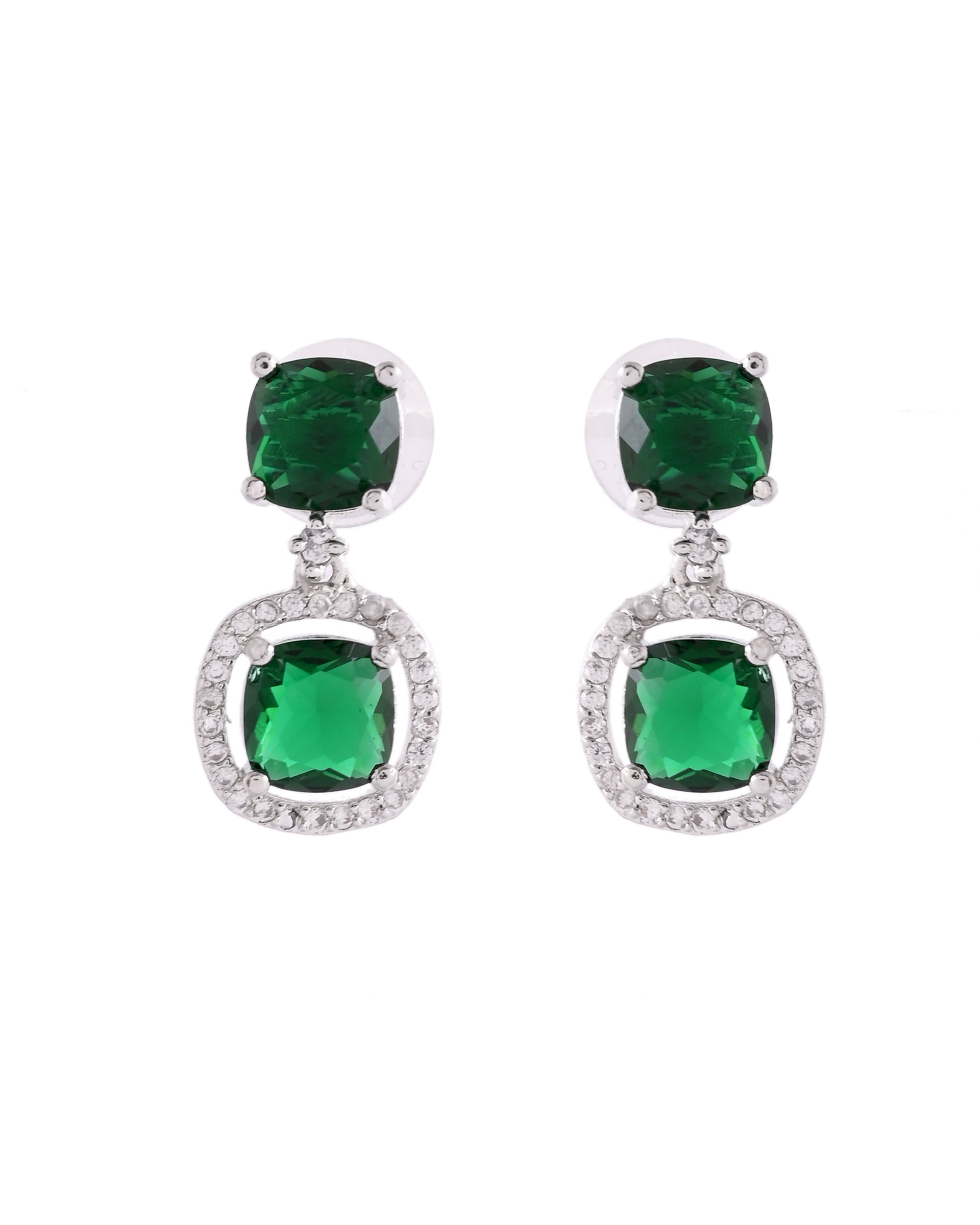 VOJ Silver Plated Green Stone Geometrical Shaped Earrings - Distacart