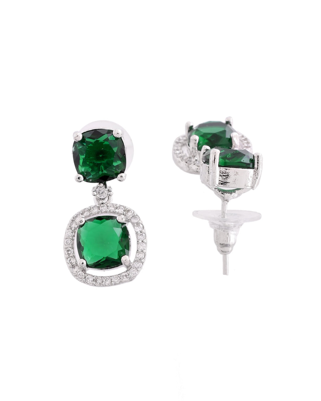 VOJ Silver Plated Green Stone Geometrical Shaped Earrings - Distacart