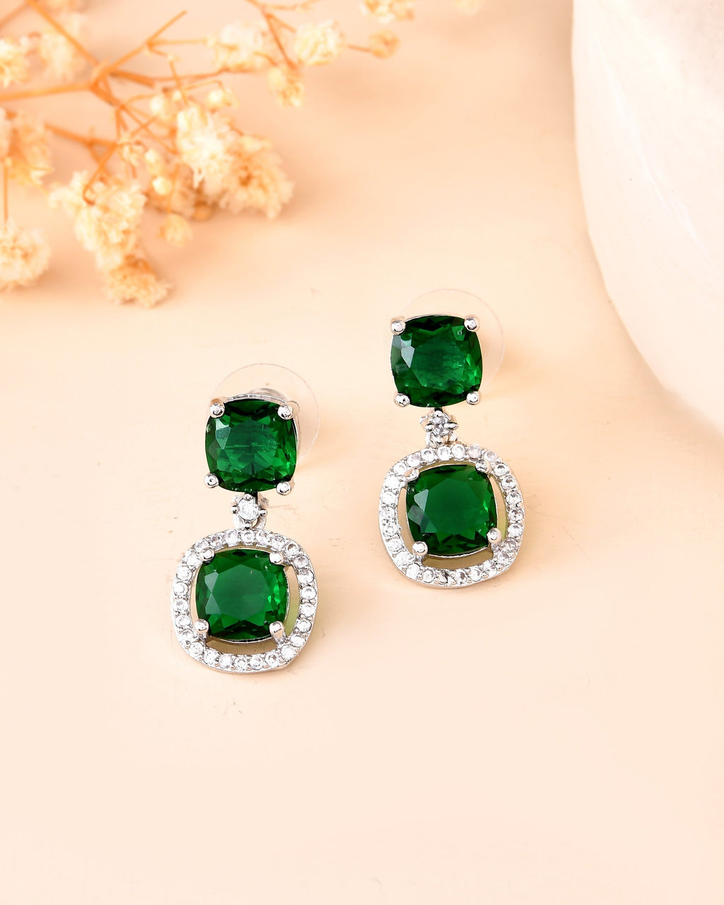 VOJ Silver Plated Green Stone Geometrical Shaped Earrings - Distacart