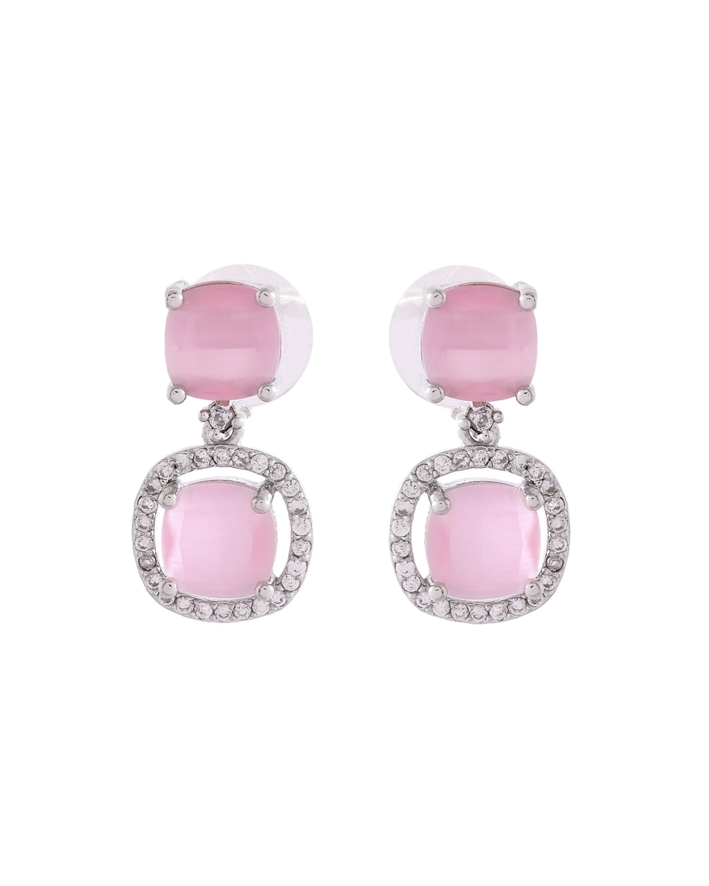 VOJ Silver Plated Baby Pink Stone Geometrical Shaped Earrings - Distacart