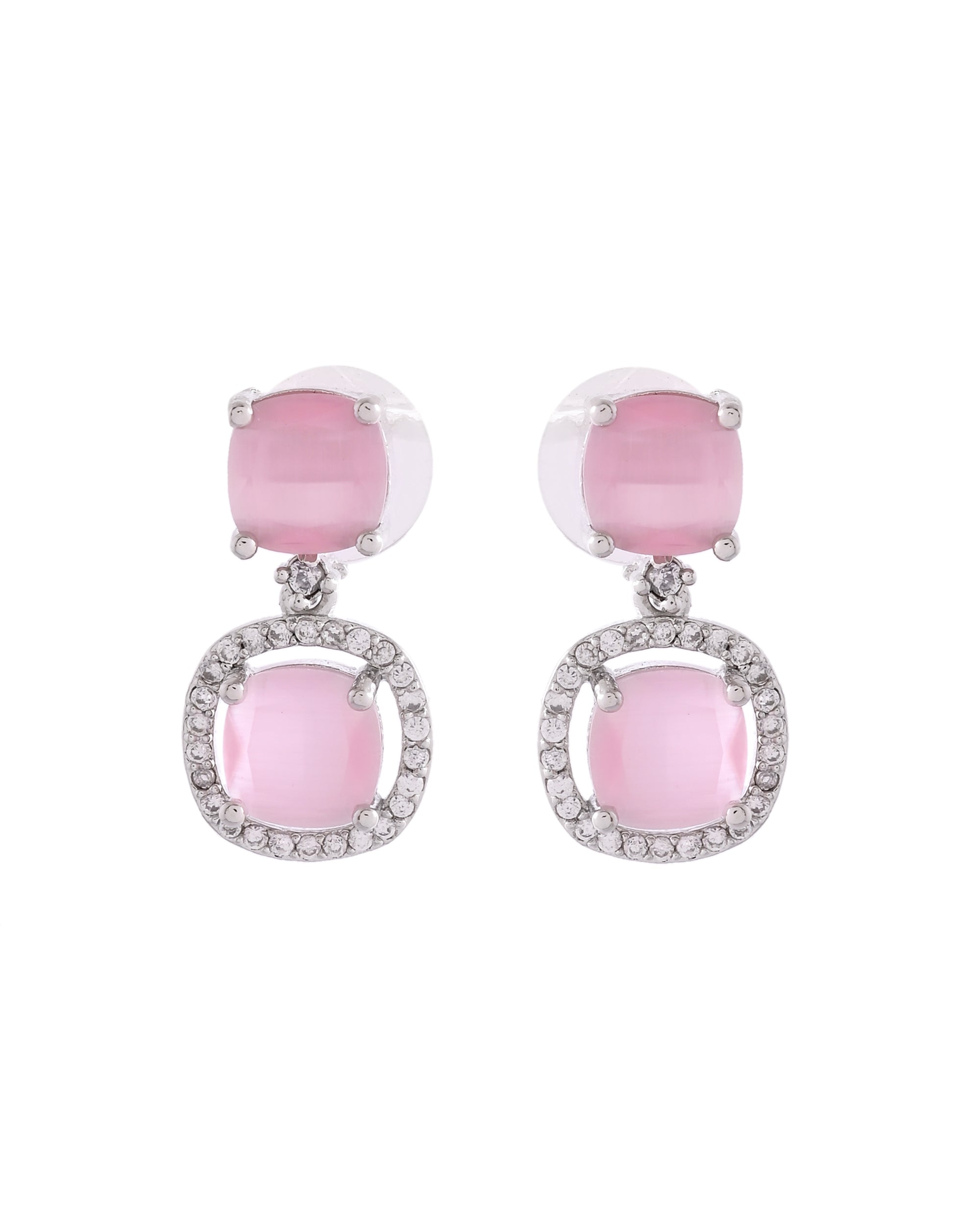 VOJ Silver Plated Baby Pink Stone Geometrical Shaped Earrings - Distacart
