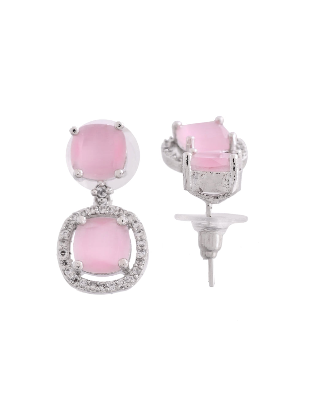 VOJ Silver Plated Baby Pink Stone Geometrical Shaped Earrings - Distacart