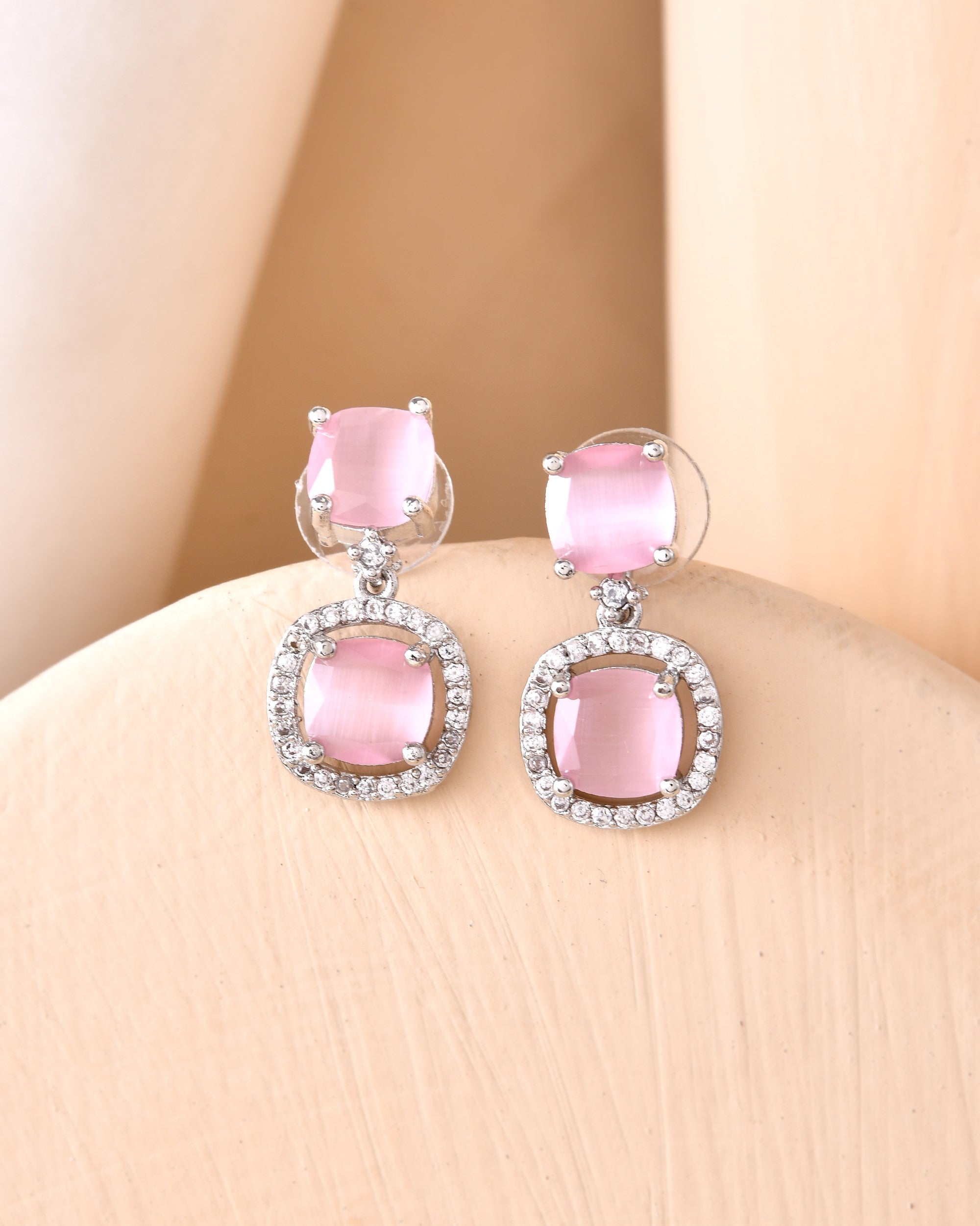 VOJ Silver Plated Baby Pink Stone Geometrical Shaped Earrings - Distacart