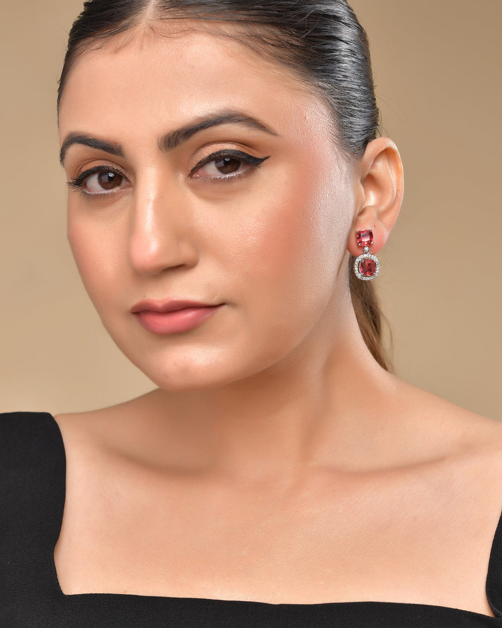 VOJ Silver Plated Red Stone Geometrical Shaped Earrings - Distacart